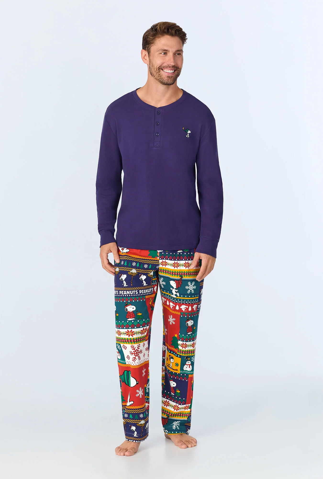 Fairisle Snoopy® Men's Long Sleeve Henley Stretch Jersey PJ Set