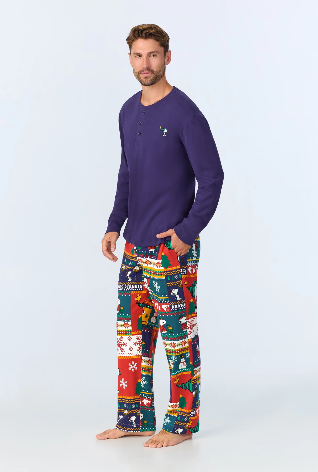 Fairisle Snoopy® Men's Long Sleeve Henley Stretch Jersey PJ Set - Image 3