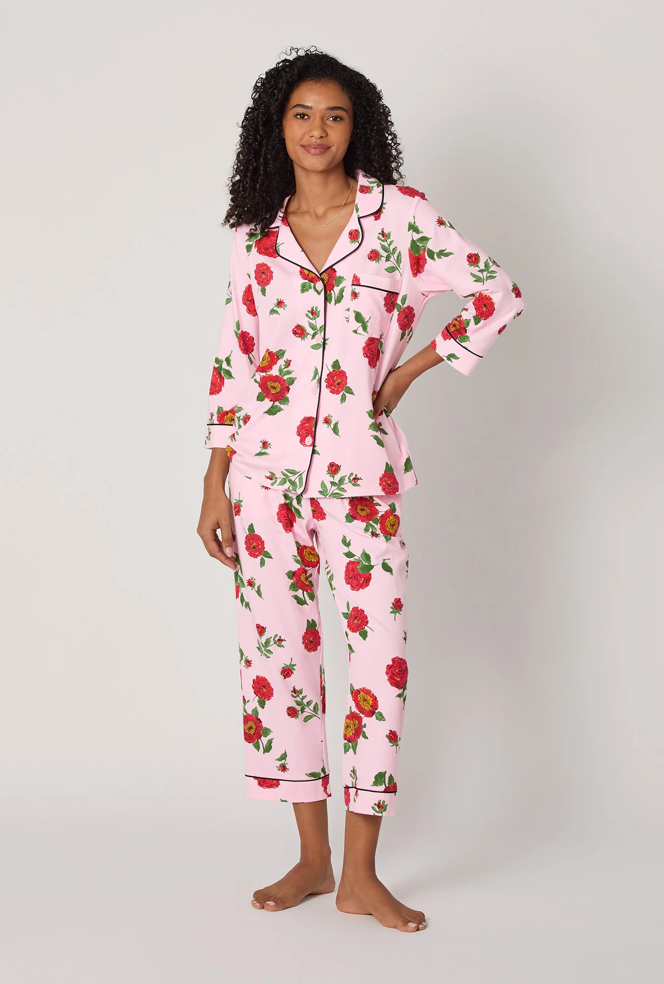 Falling Blooms 3/4 Sleeve Classic Stretch Jersey Cropped Pj Set