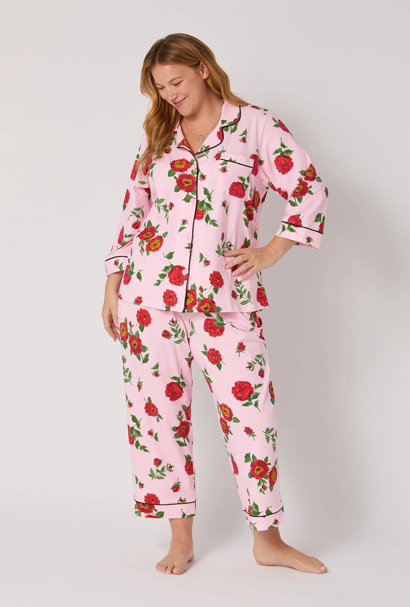 Falling Blooms 3/4 Sleeve Classic Stretch Jersey Cropped Pj Set - Image 6