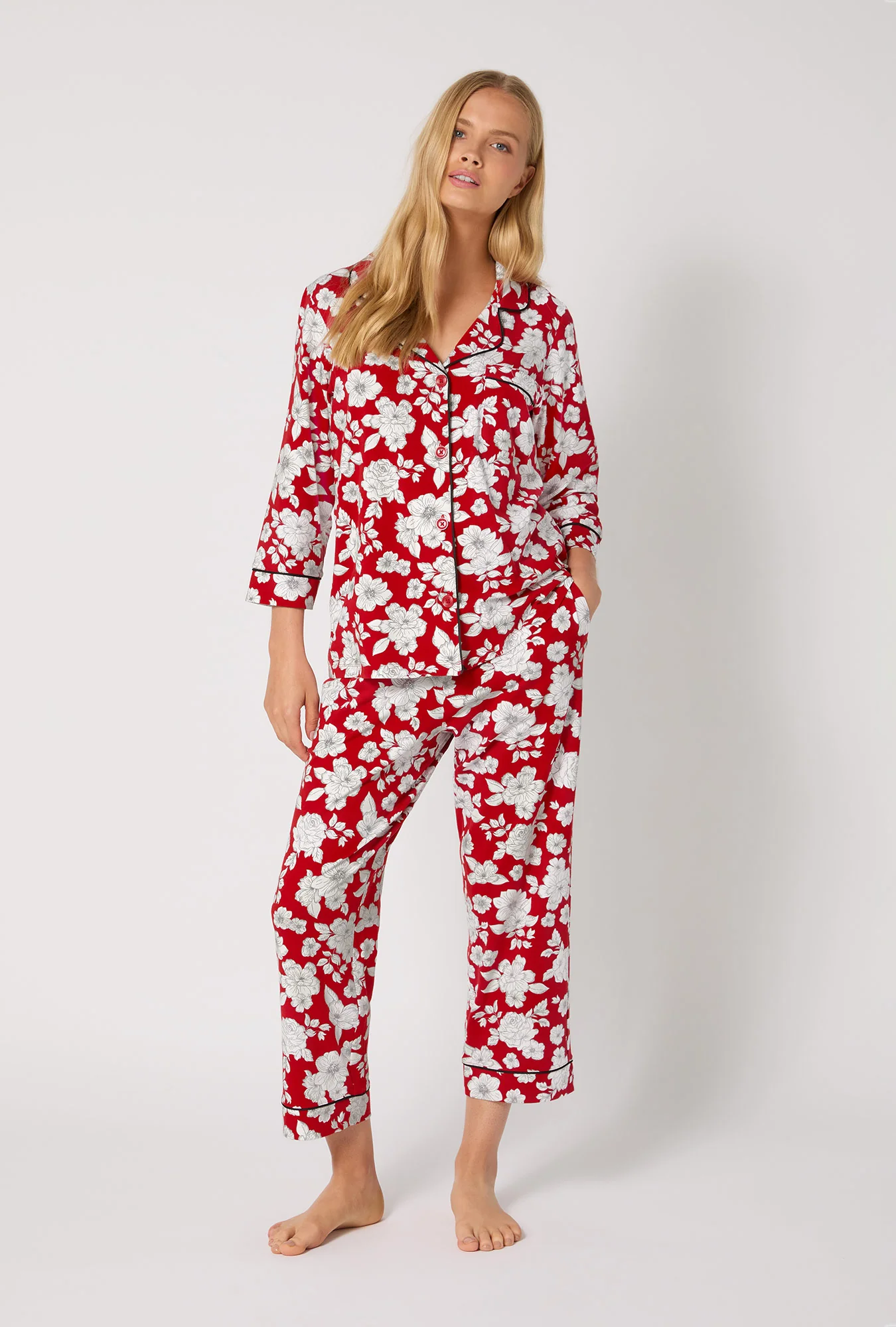 Floral Charm 3/4 Sleeve Classic Stretch Jersey Cropped Pj Set