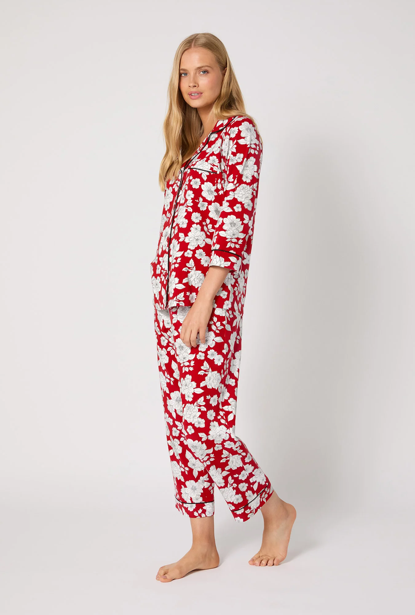 Floral Charm 3/4 Sleeve Classic Stretch Jersey Cropped Pj Set - Image 2