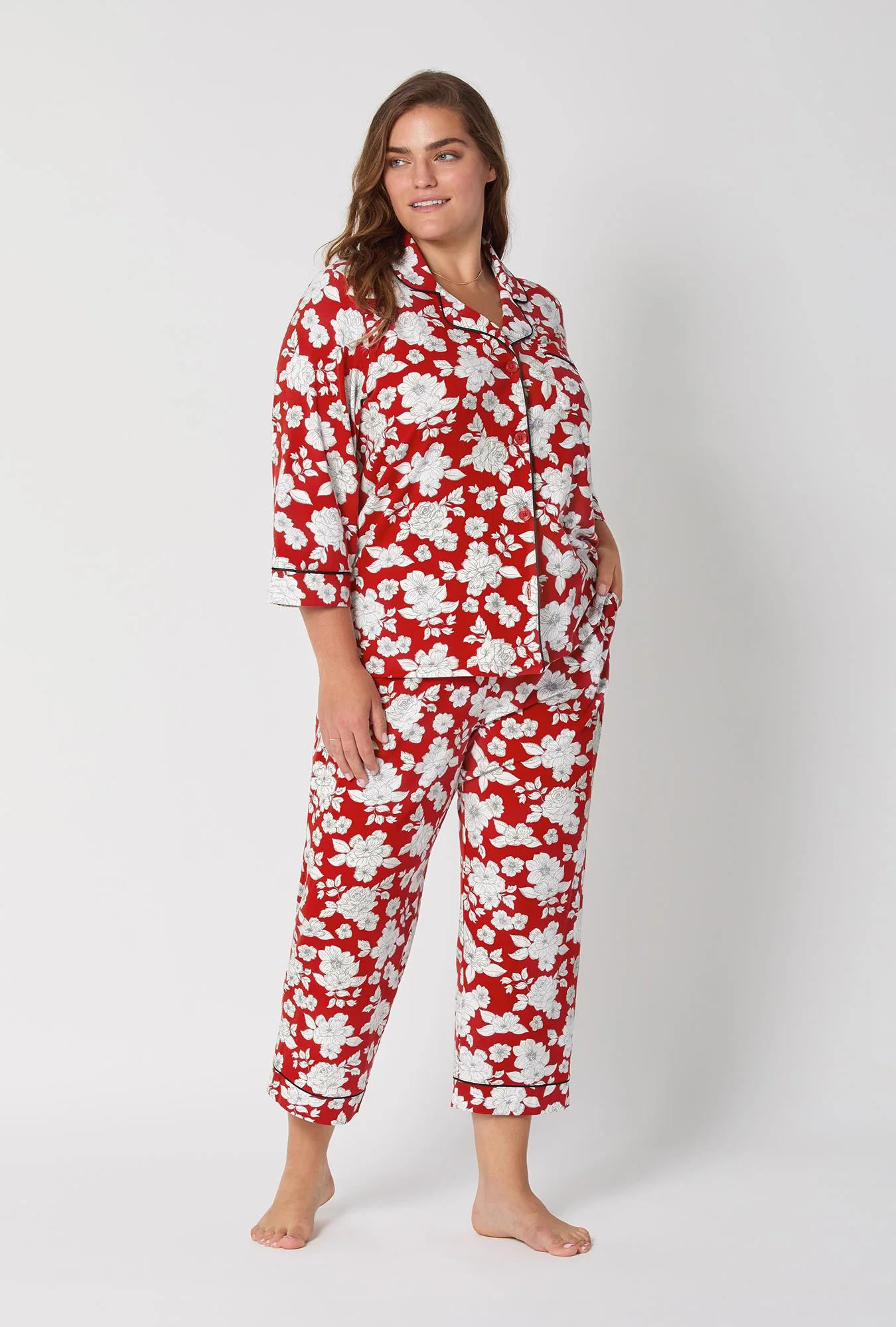 Floral Charm 3/4 Sleeve Classic Stretch Jersey Cropped Pj Set - Image 7