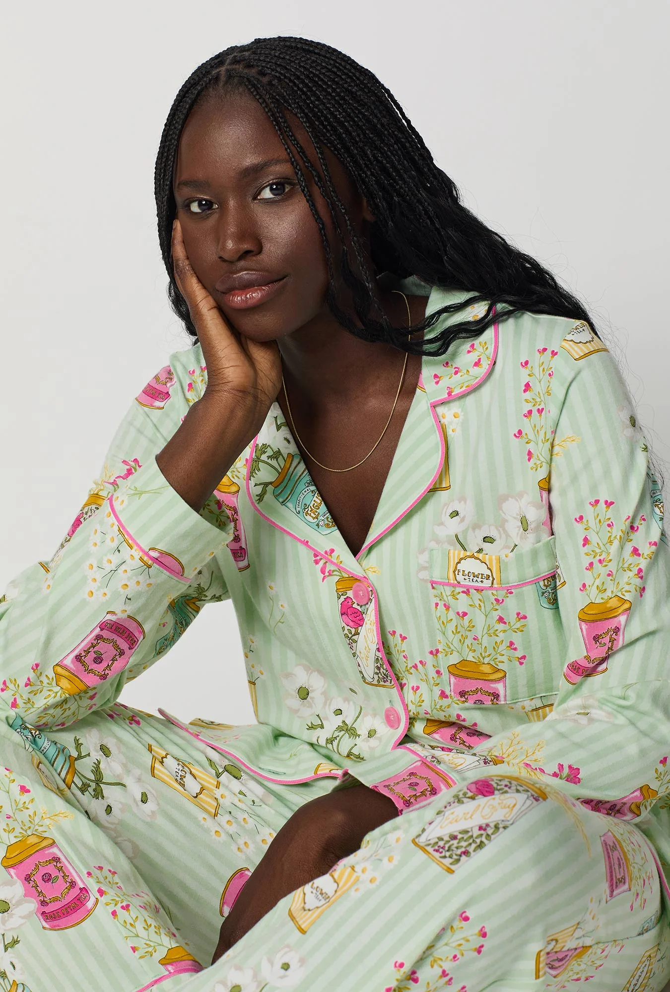 Flower Cans Long Sleeve Classic Stretch Jersey Pj Set