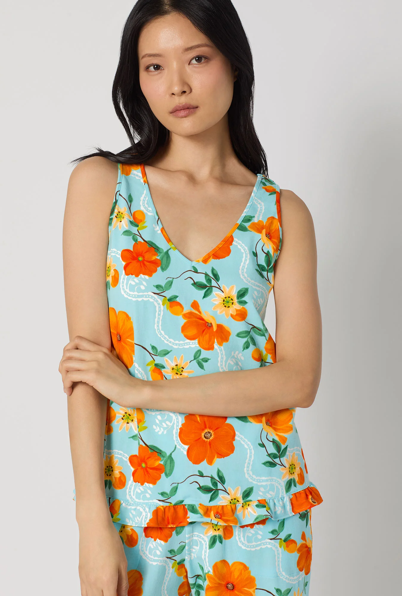 Golden Breeze Ruffle Tank Stretch Jersey Cropped Pj Set - Image 3