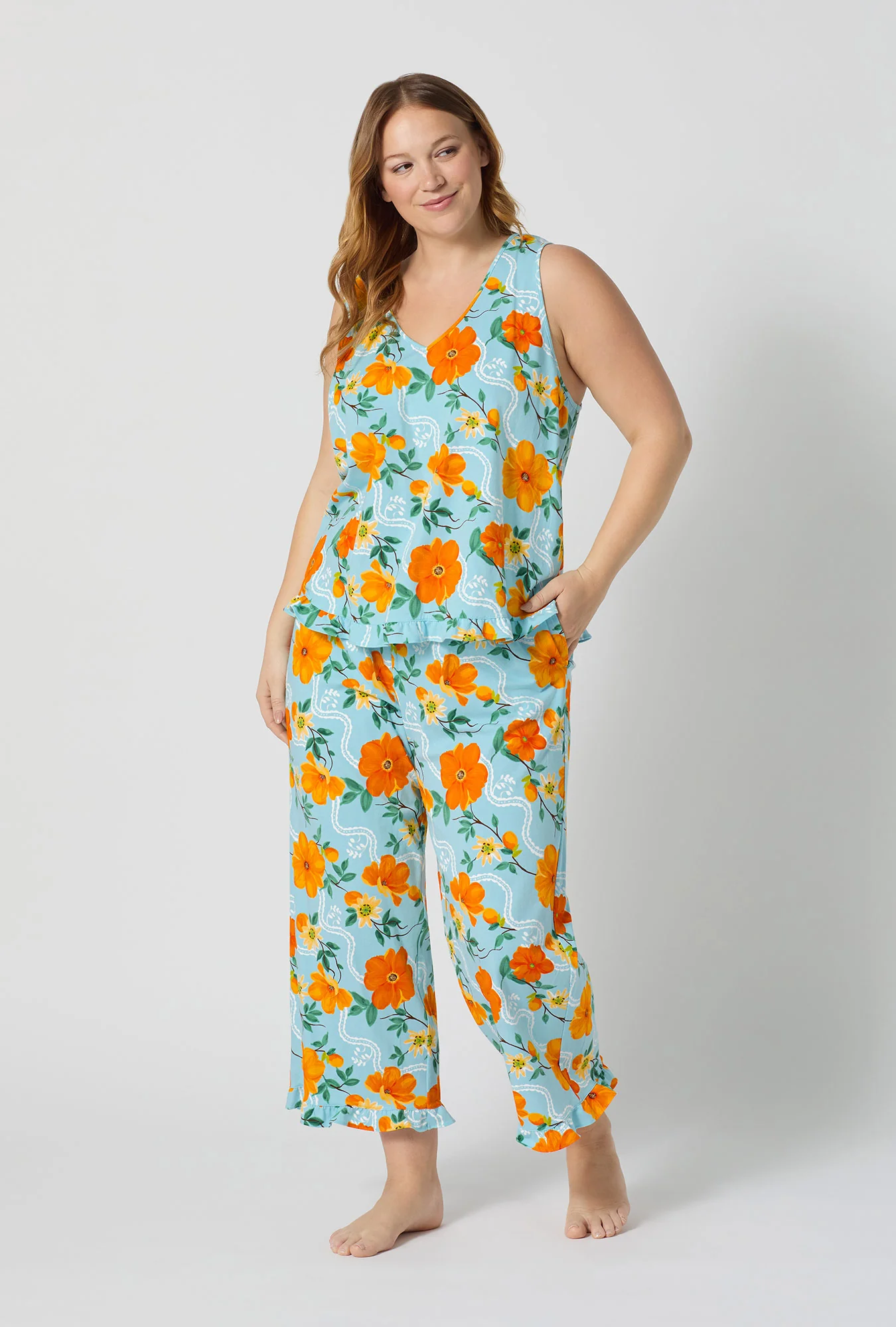 Golden Breeze Ruffle Tank Stretch Jersey Cropped Pj Set - Image 5