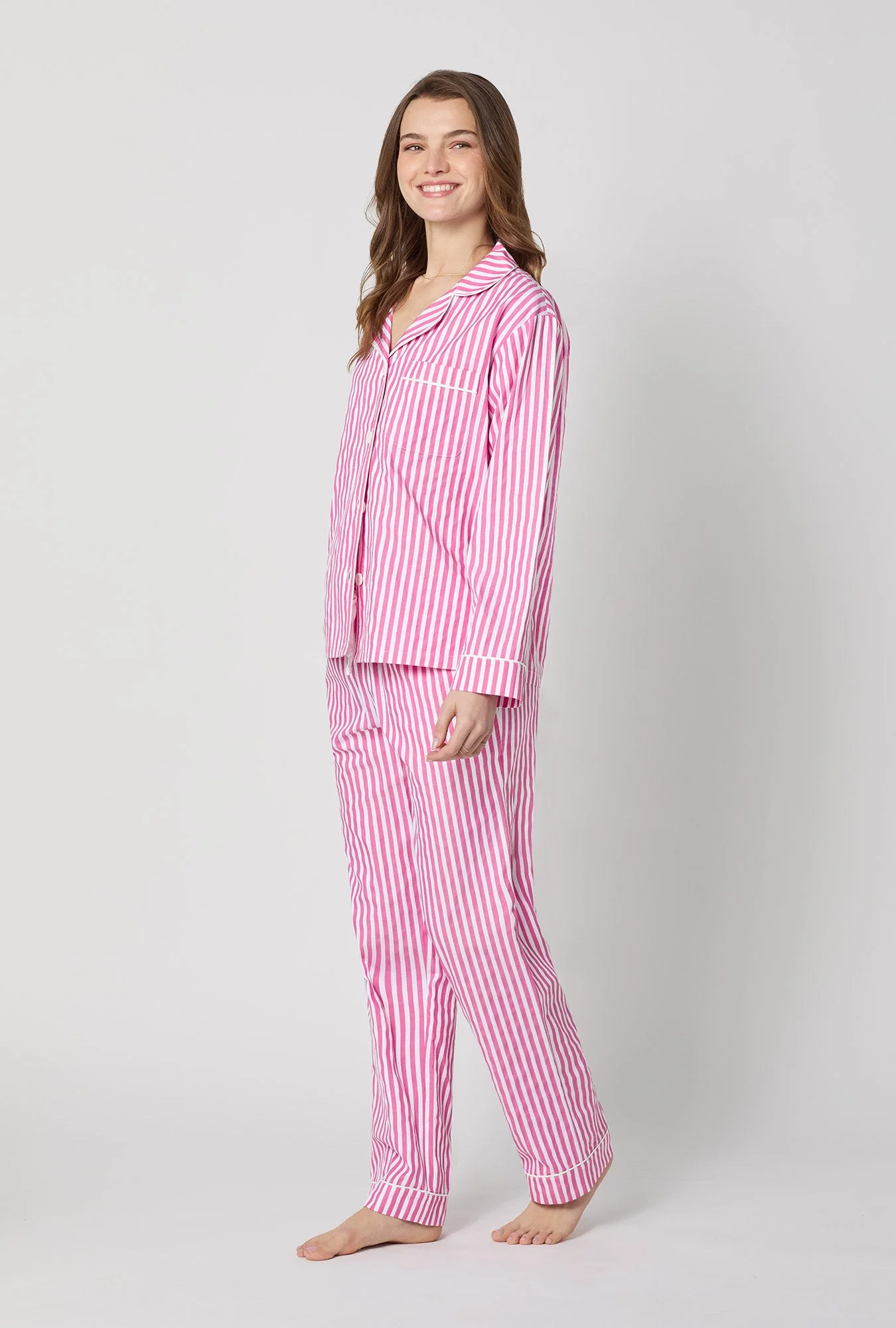 Hot Pink 3D Stripe Long Sleeve Classic Woven Cotton Sateen Pj Set - Image 2