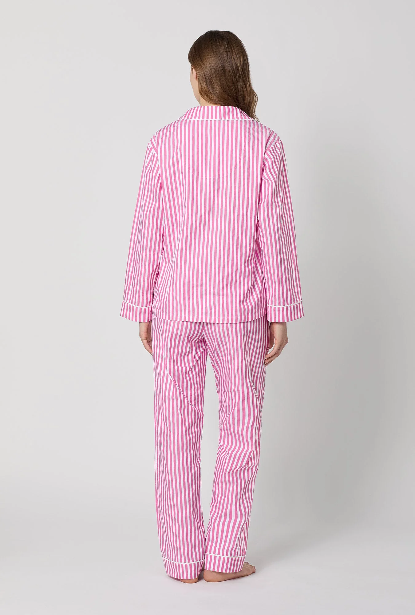 Hot Pink 3D Stripe Long Sleeve Classic Woven Cotton Sateen Pj Set - Image 3