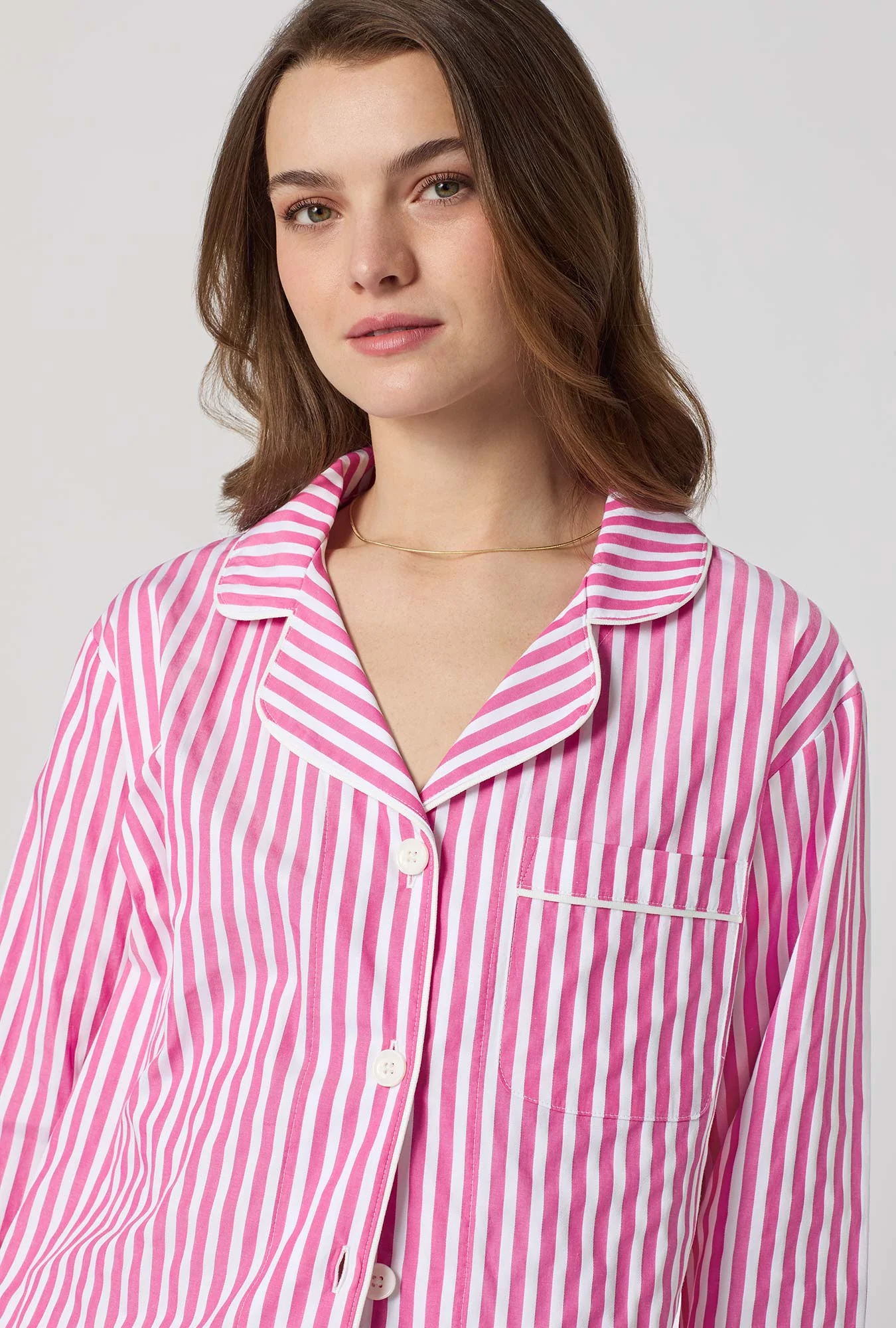 Hot Pink 3D Stripe Long Sleeve Classic Woven Cotton Sateen Pj Set - Image 4