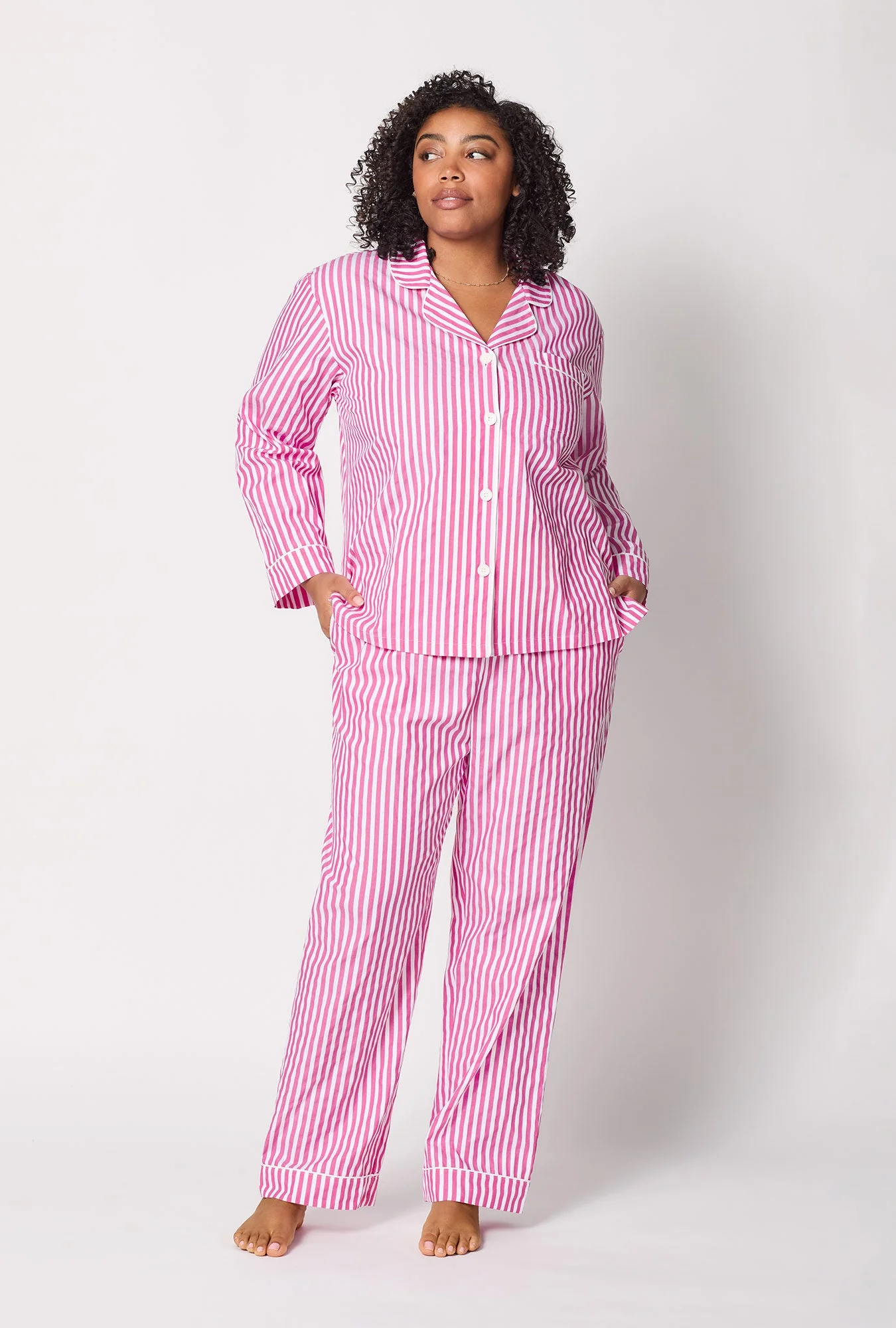 Hot Pink 3D Stripe Long Sleeve Classic Woven Cotton Sateen Pj Set - Image 5