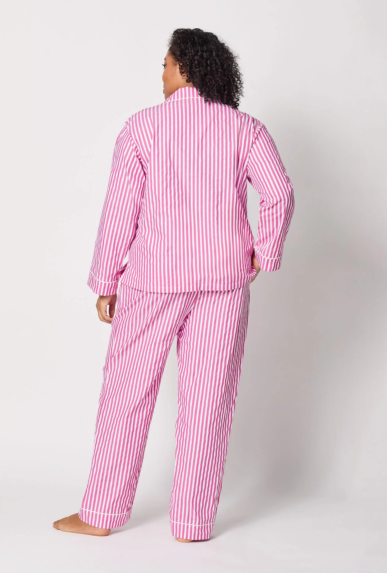 Hot Pink 3D Stripe Long Sleeve Classic Woven Cotton Sateen Pj Set - Image 6