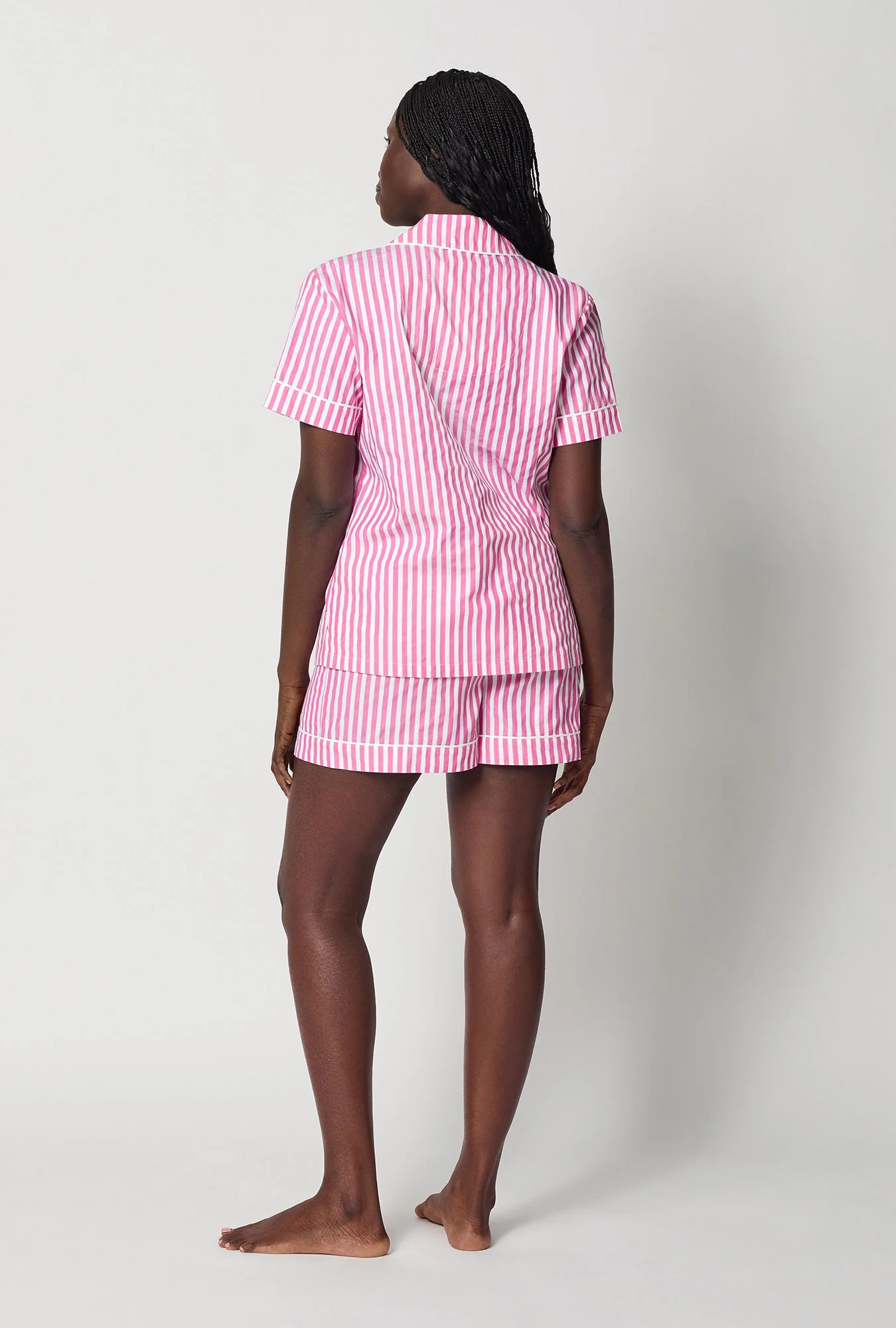 Hot Pink 3D Stripe Short Sleeve Classic Shorty Woven Cotton Sateen Pj Set - Image 3
