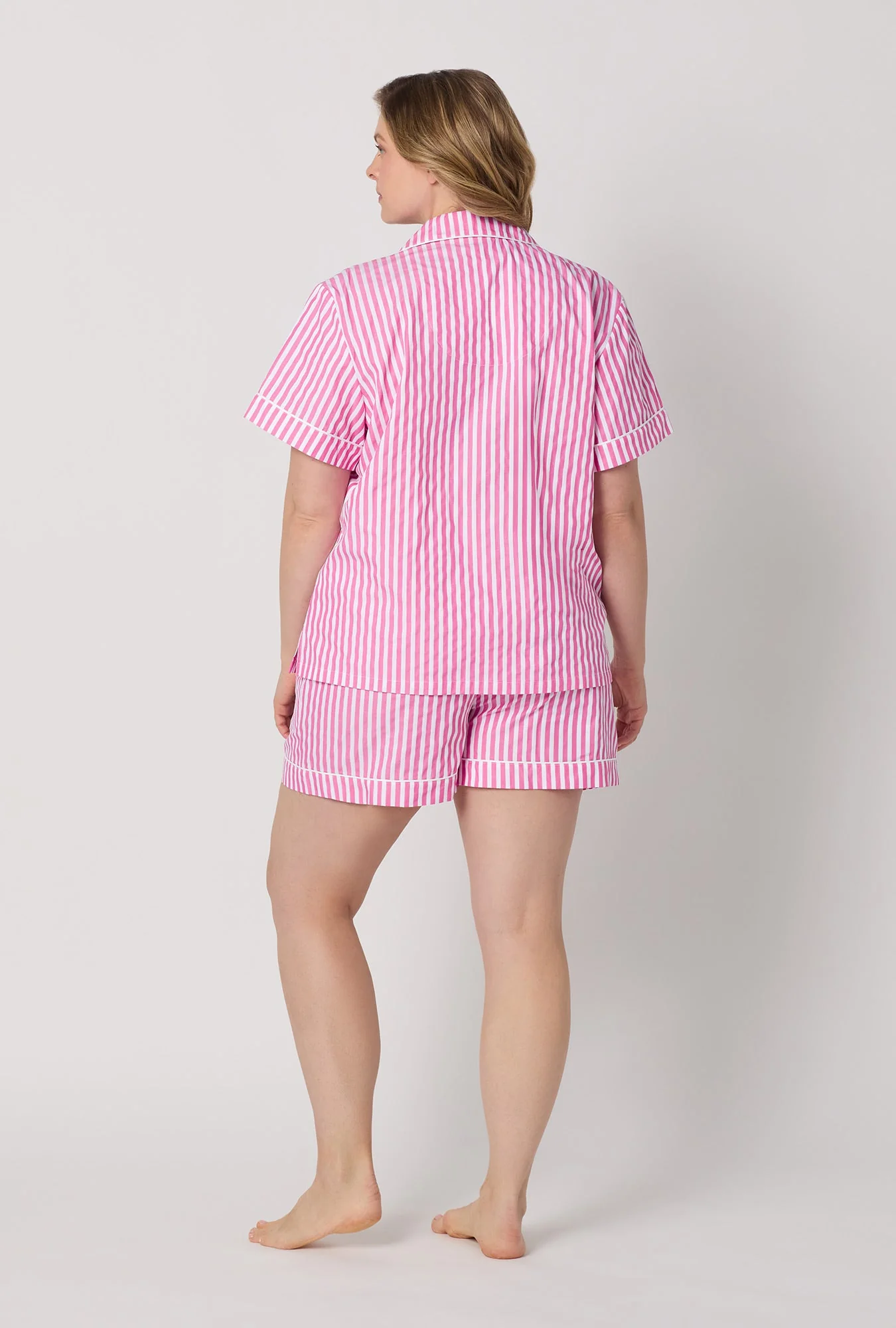 Hot Pink 3D Stripe Short Sleeve Classic Shorty Woven Cotton Sateen Pj Set - Image 5