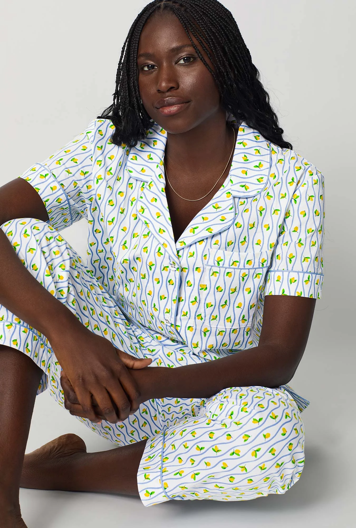 Limoncello Stripe Short Sleeve Classic Woven Cotton Poplin Cropped Pj Set