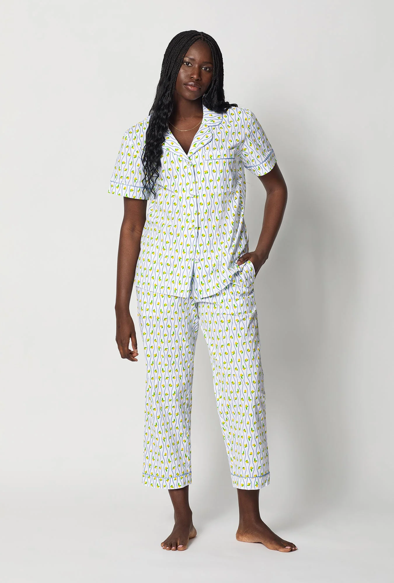 Limoncello Stripe Short Sleeve Classic Woven Cotton Poplin Cropped Pj Set - Image 2