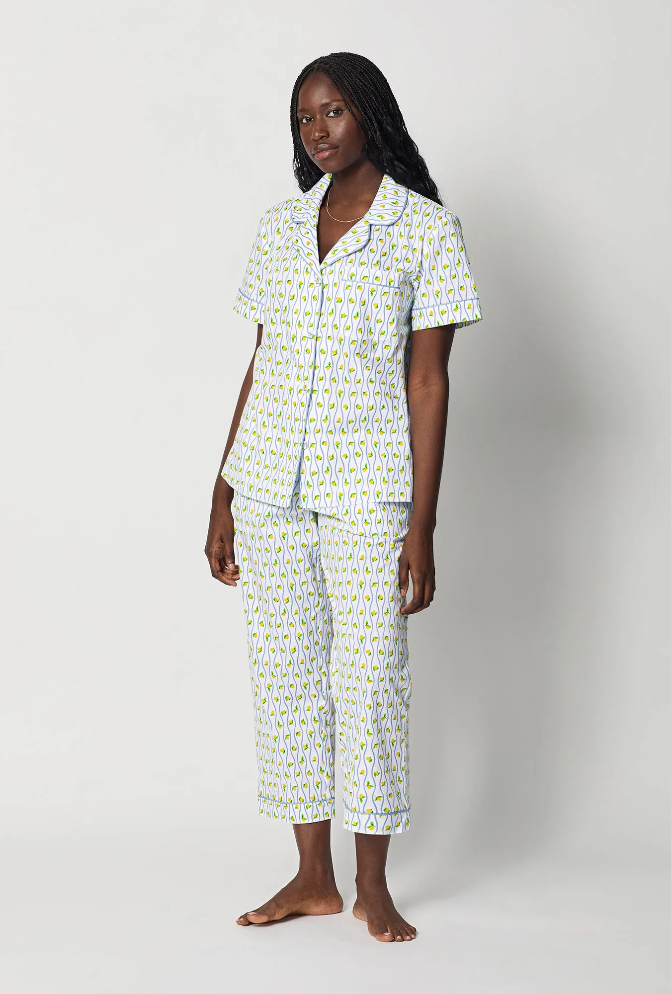 Limoncello Stripe Short Sleeve Classic Woven Cotton Poplin Cropped Pj Set - Image 3