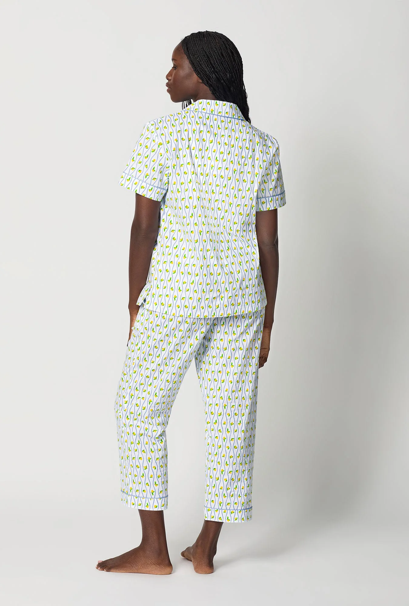 Limoncello Stripe Short Sleeve Classic Woven Cotton Poplin Cropped Pj Set - Image 4