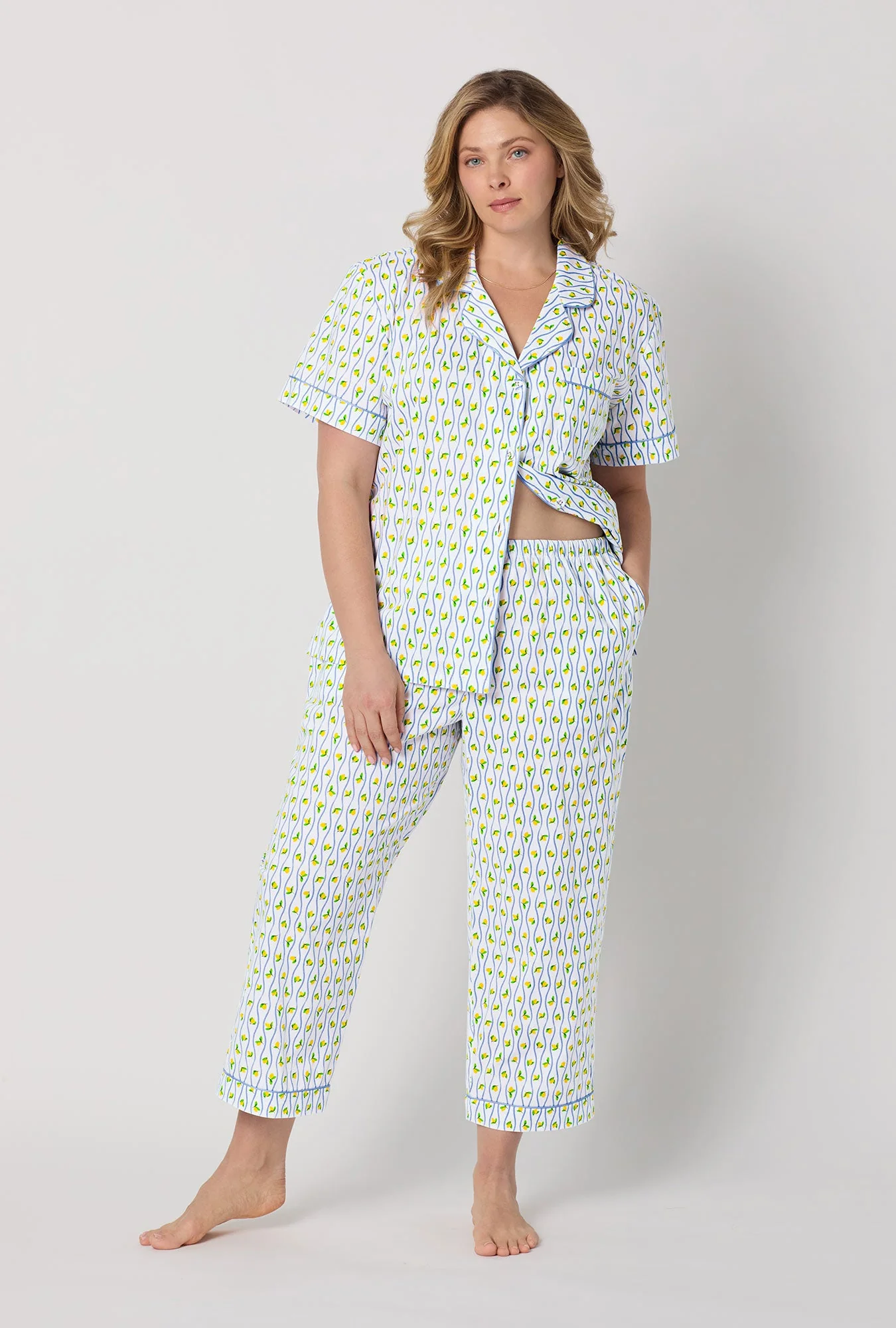 Limoncello Stripe Short Sleeve Classic Woven Cotton Poplin Cropped Pj Set - Image 5