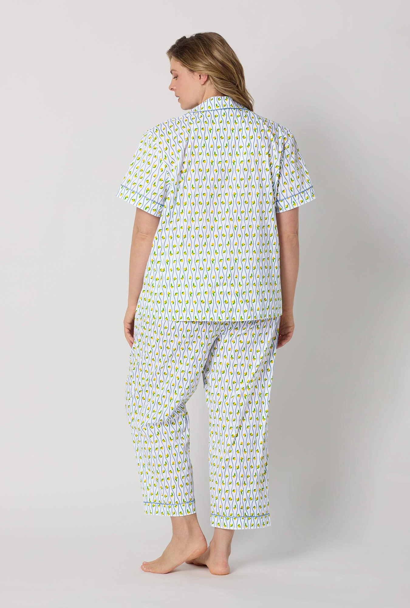 Limoncello Stripe Short Sleeve Classic Woven Cotton Poplin Cropped Pj Set - Image 6