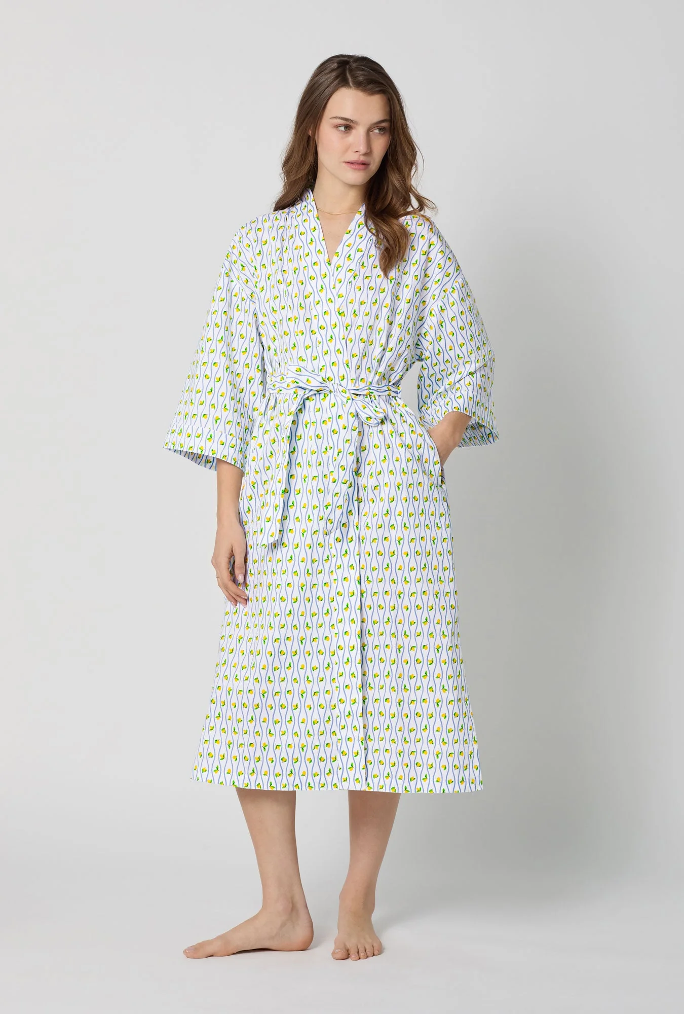 Limoncello Stripe Woven Cotton Poplin Kimono Robe