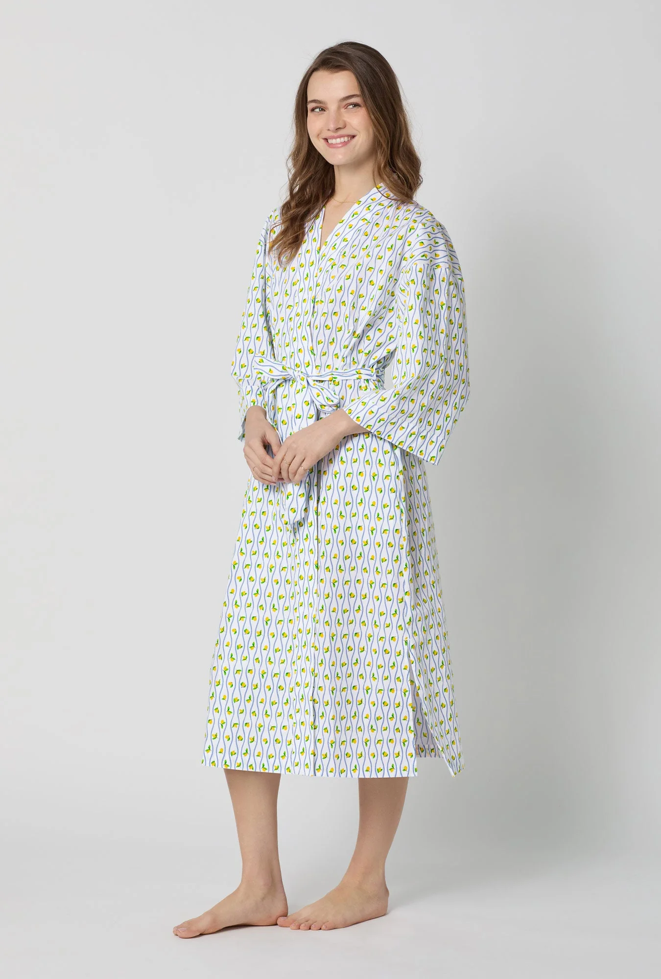 Limoncello Stripe Woven Cotton Poplin Kimono Robe - Image 3