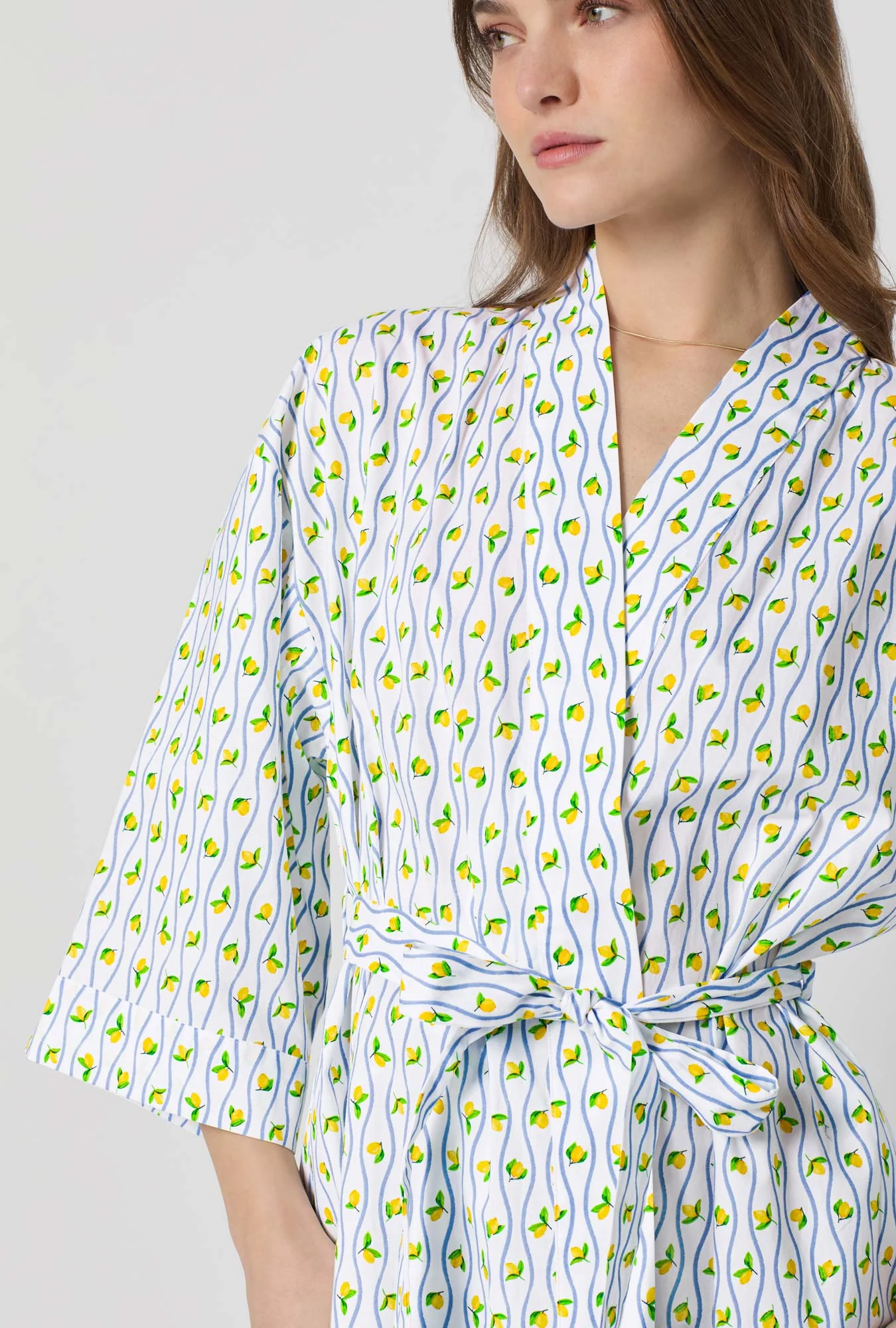 Limoncello Stripe Woven Cotton Poplin Kimono Robe - Image 4