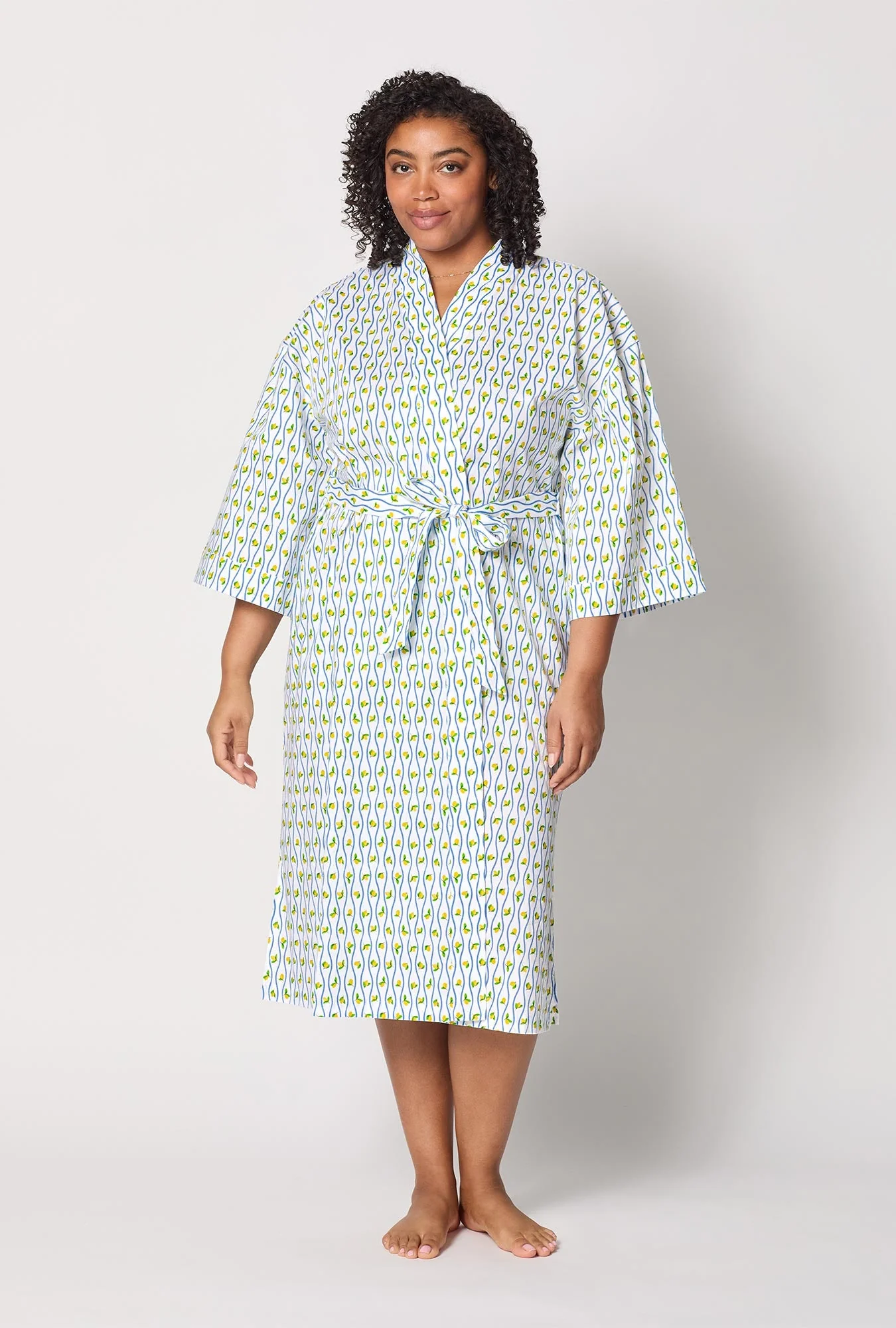 Limoncello Stripe Woven Cotton Poplin Kimono Robe - Image 5