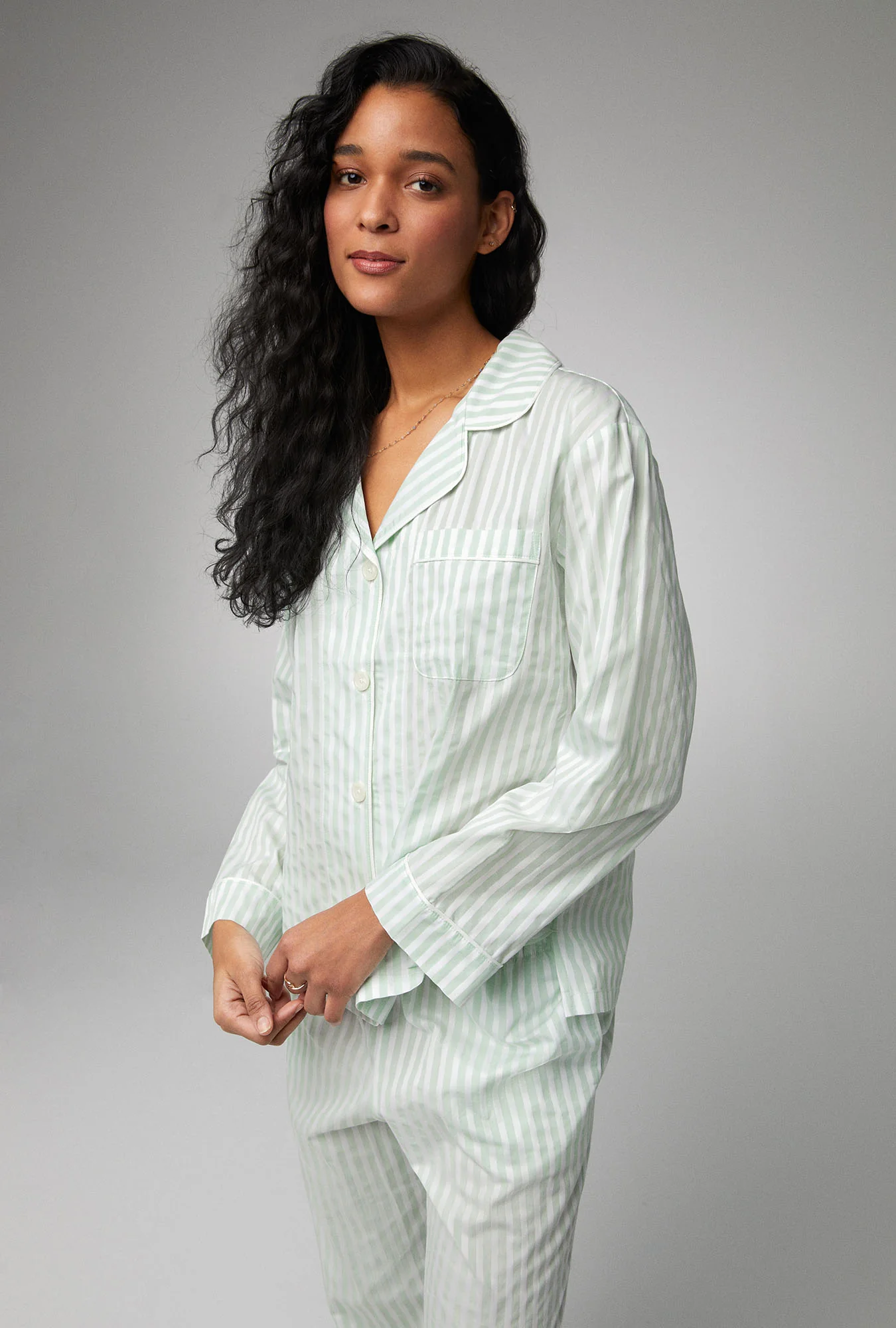 Mint 3D Stripe Long Sleeve Classic Woven Cotton Sateen PJ Set - Image 3