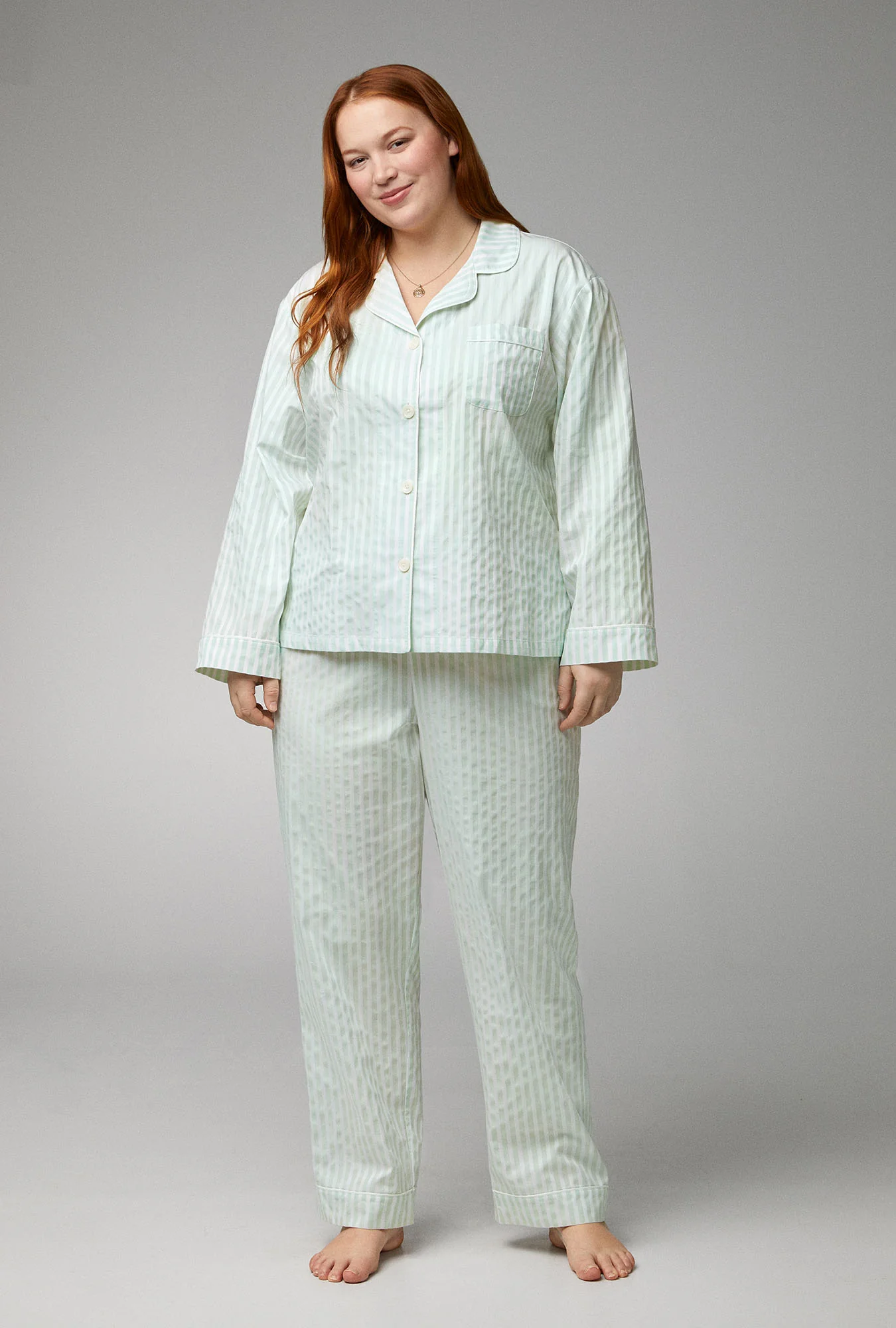 Mint 3D Stripe Long Sleeve Classic Woven Cotton Sateen PJ Set - Image 4