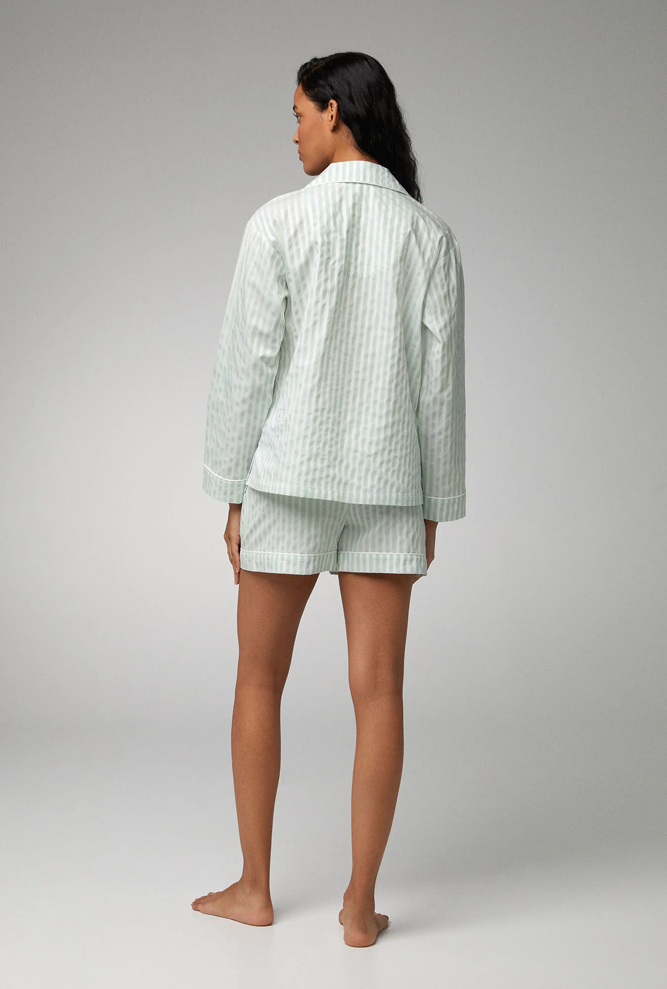 Mint 3D Stripe Long Sleeve Classic Woven Cotton Sateen Shorty PJ Set - Image 3
