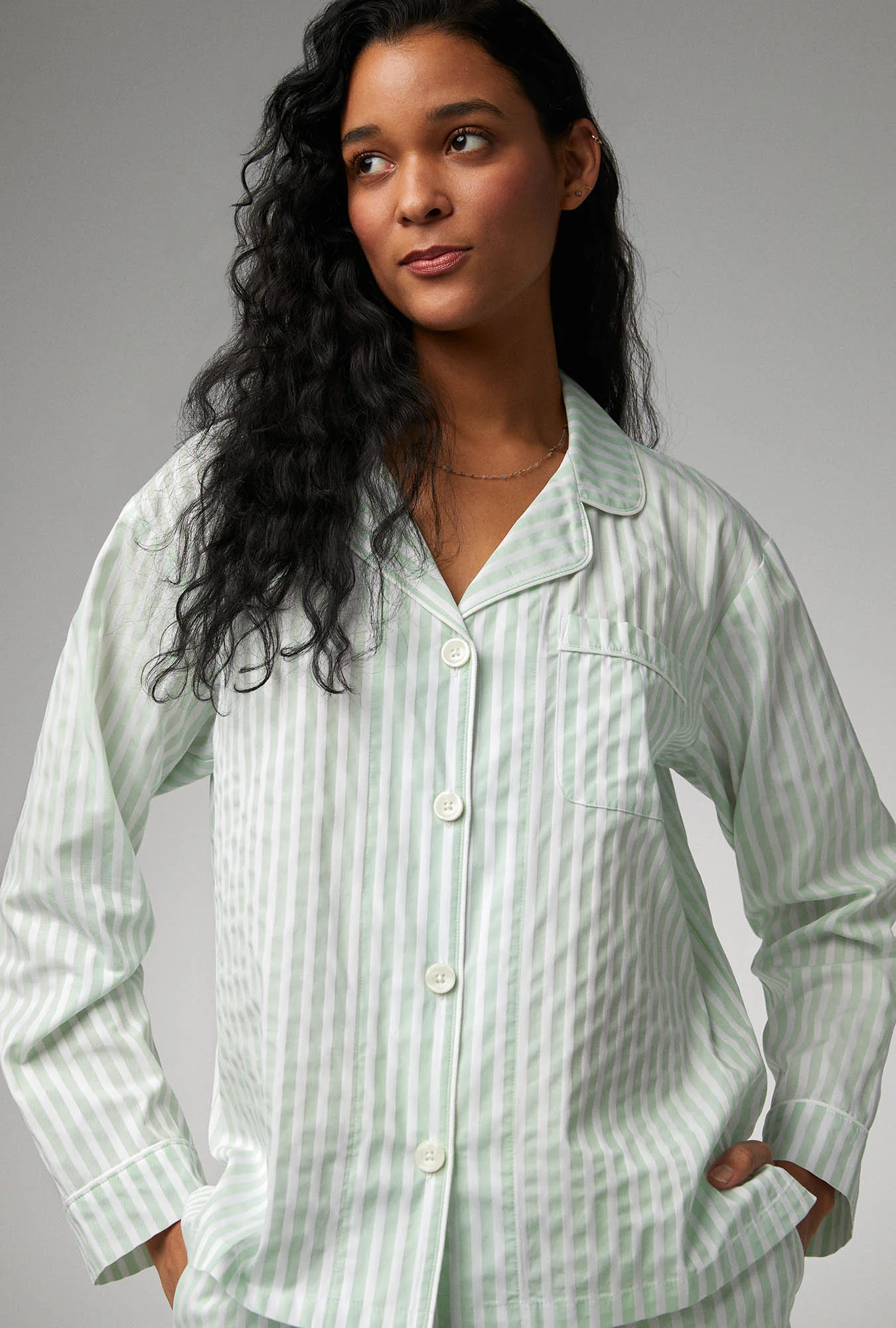 Mint 3D Stripe Long Sleeve Classic Woven Cotton Sateen Shorty PJ Set - Image 4