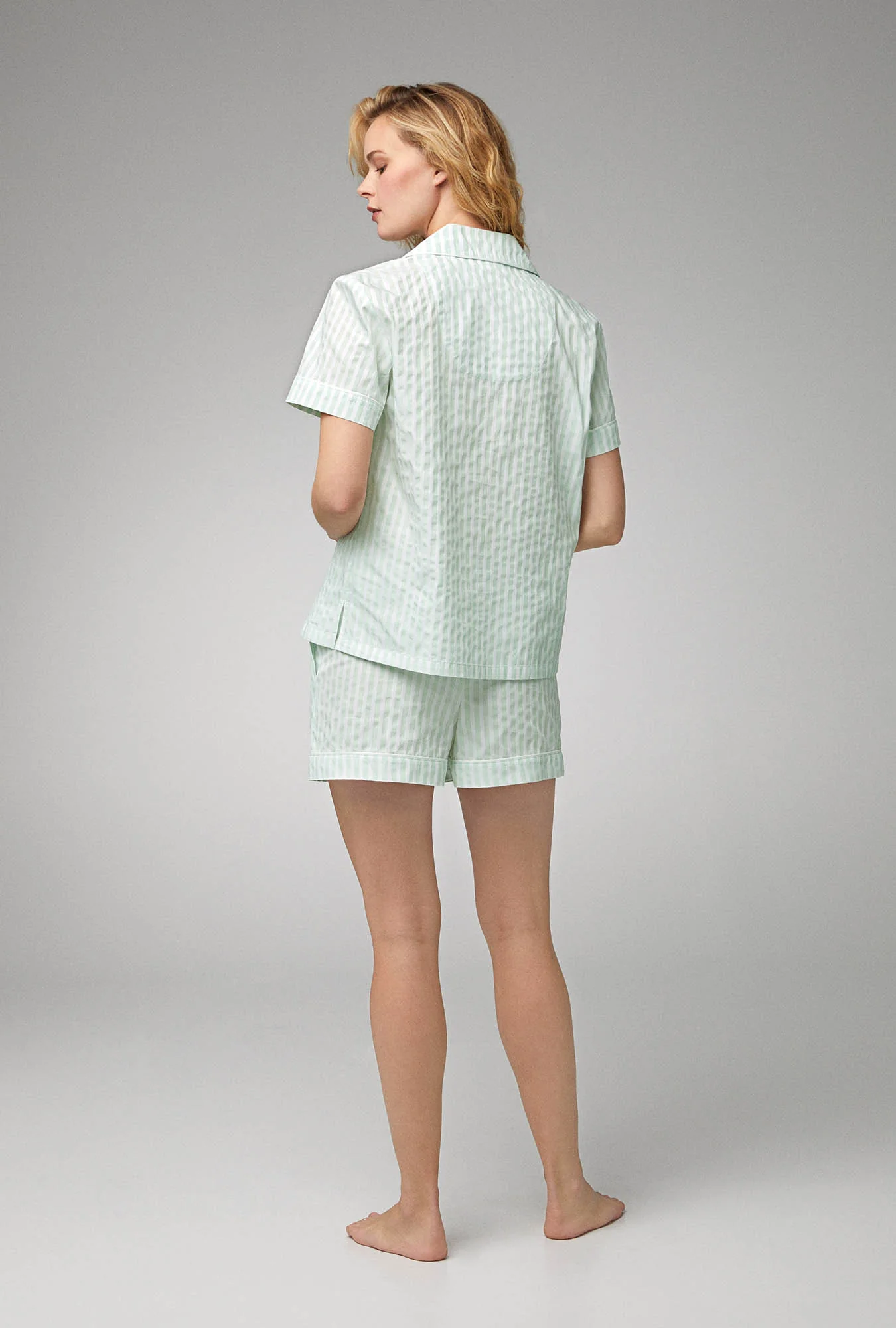 Mint 3D Stripe Short Sleeve Classic Woven Cotton Sateen Shorty PJ Set - Image 4