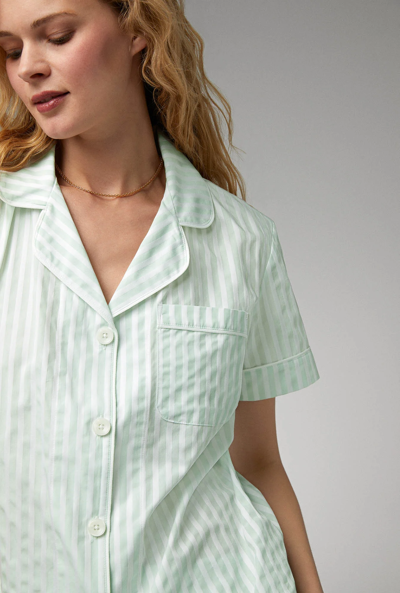 Mint 3D Stripe Short Sleeve Classic Woven Cotton Sateen Shorty PJ Set - Image 5