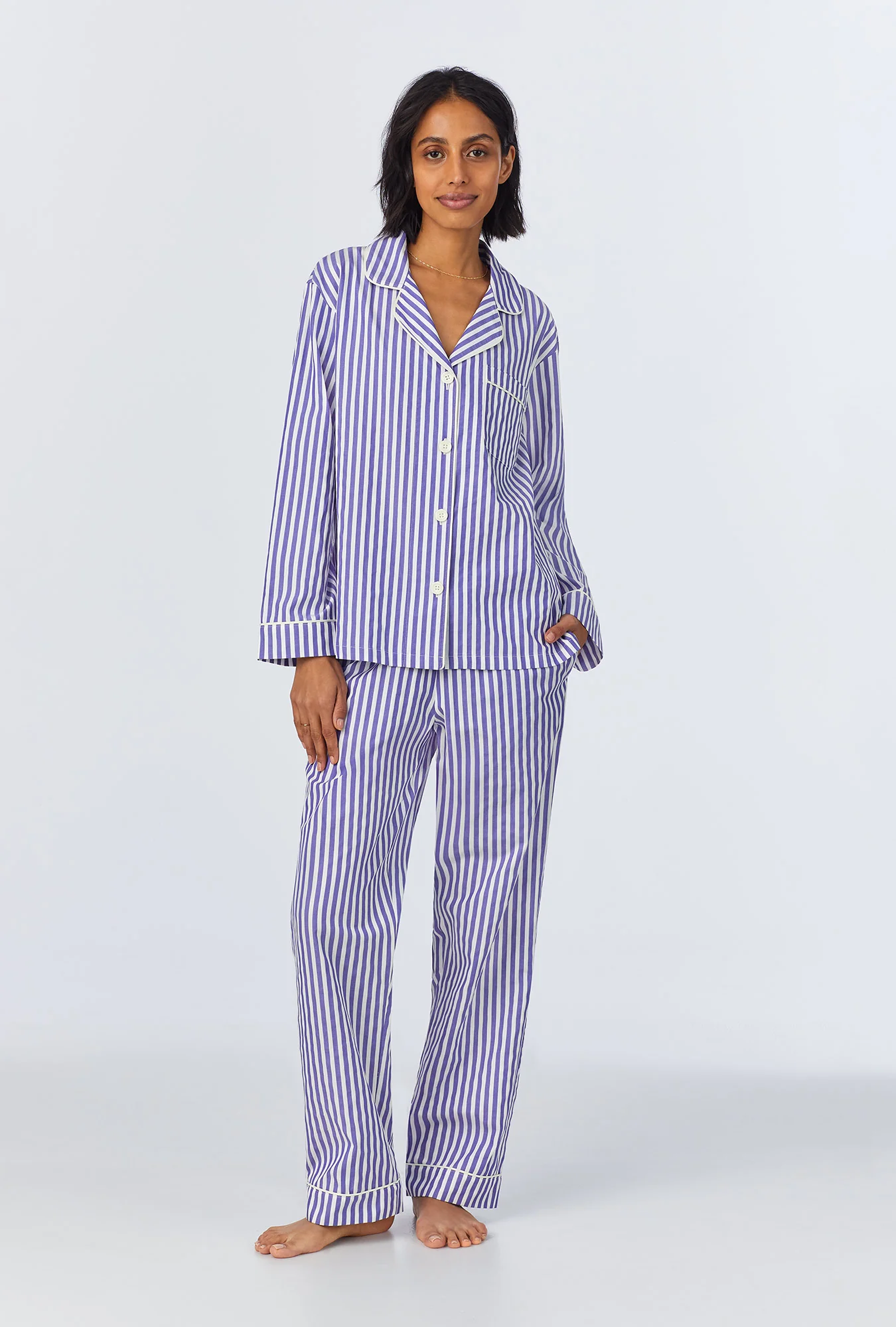 Navy 3D Stripe Long Sleeve Classic Woven Cotton Sateen Long PJ Set - Image 2
