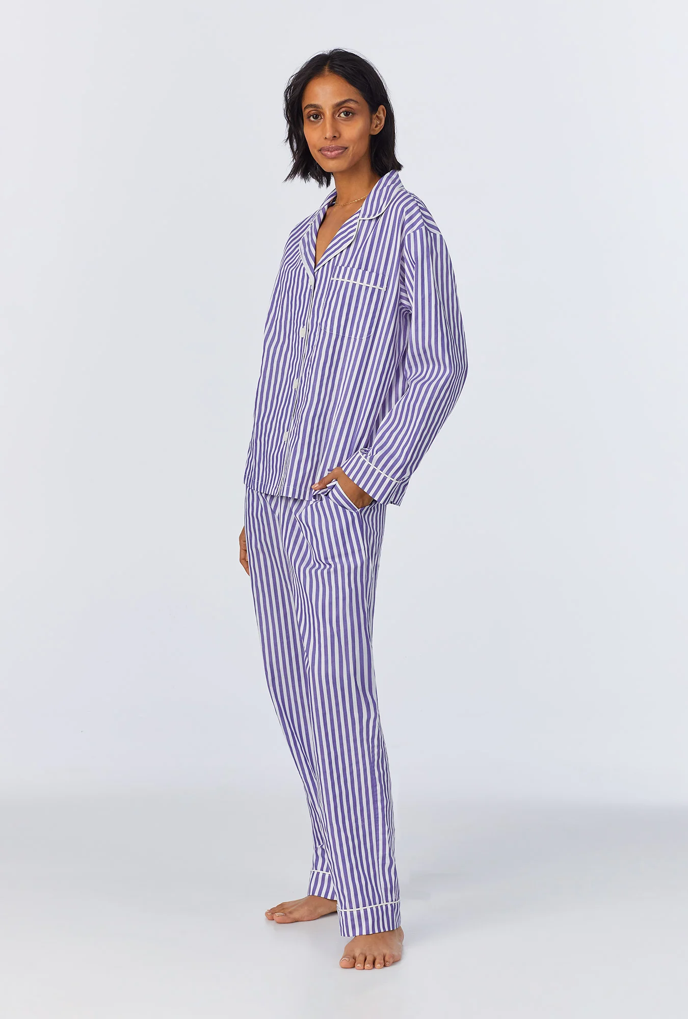 Navy 3D Stripe Long Sleeve Classic Woven Cotton Sateen Long PJ Set - Image 3