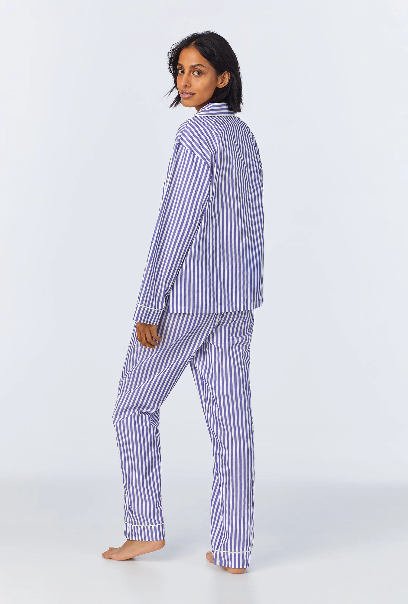 Navy 3D Stripe Long Sleeve Classic Woven Cotton Sateen Long PJ Set - Image 4
