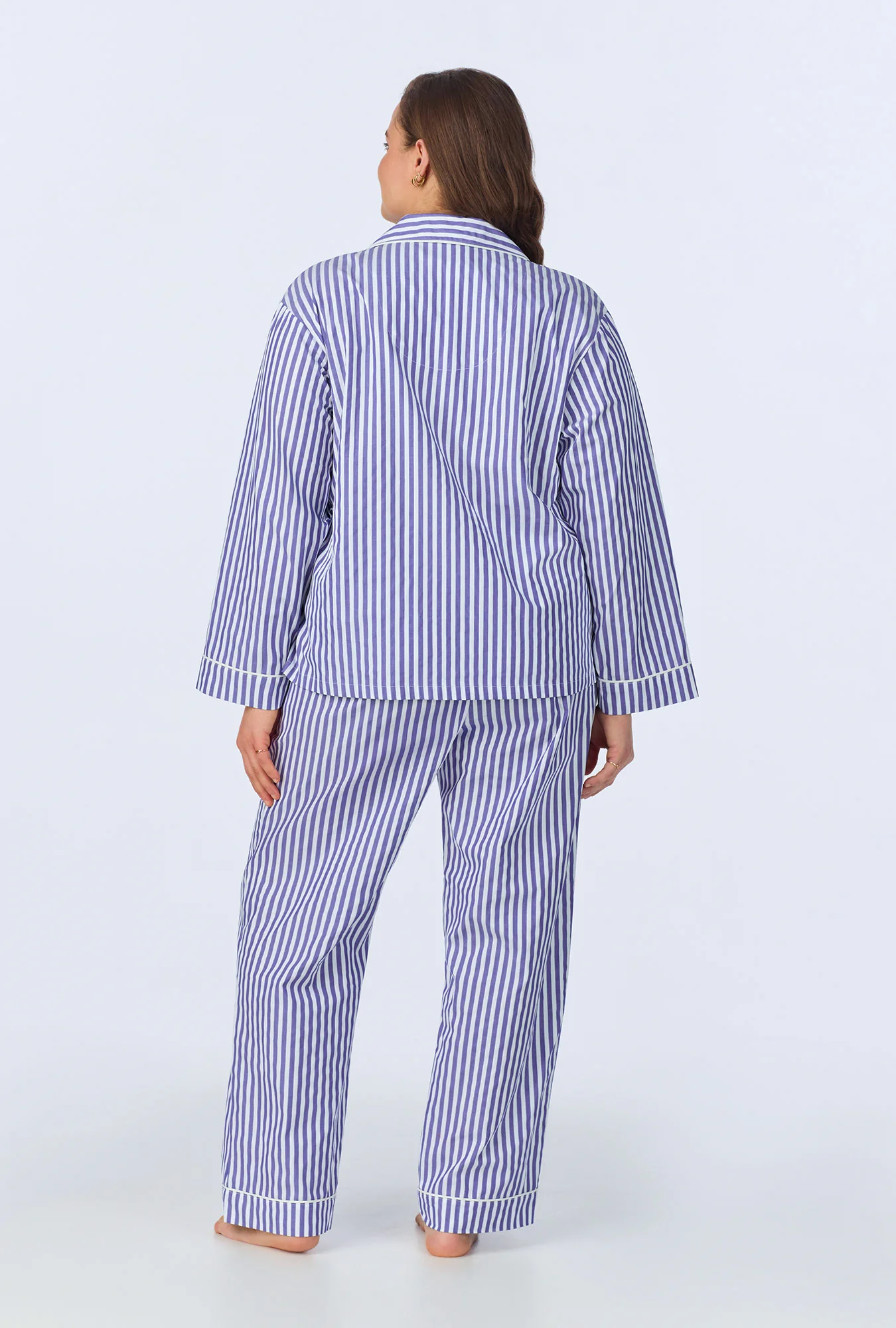 Navy 3D Stripe Long Sleeve Classic Woven Cotton Sateen Long PJ Set - Image 5