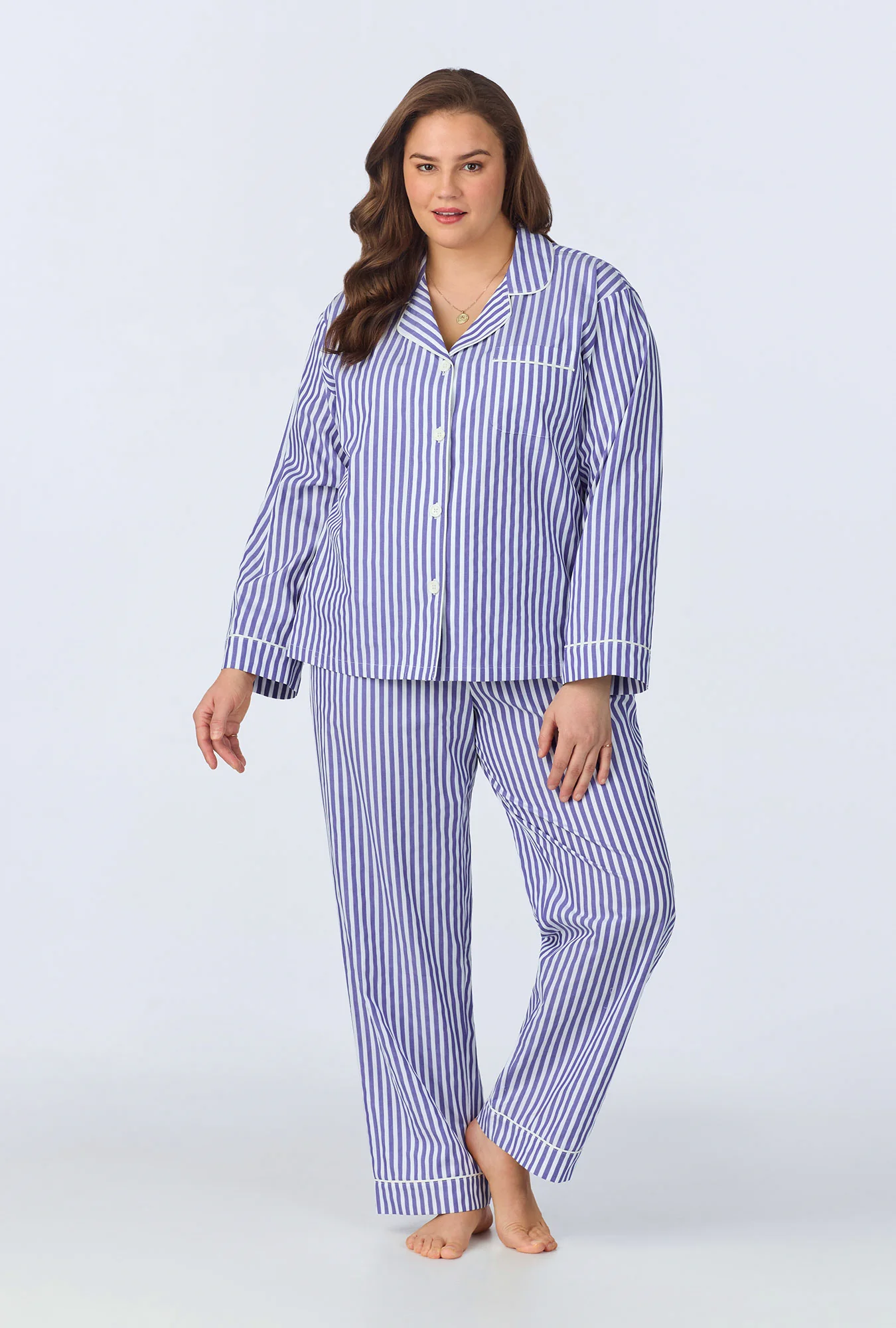 Navy 3D Stripe Long Sleeve Classic Woven Cotton Sateen Long PJ Set - Image 6