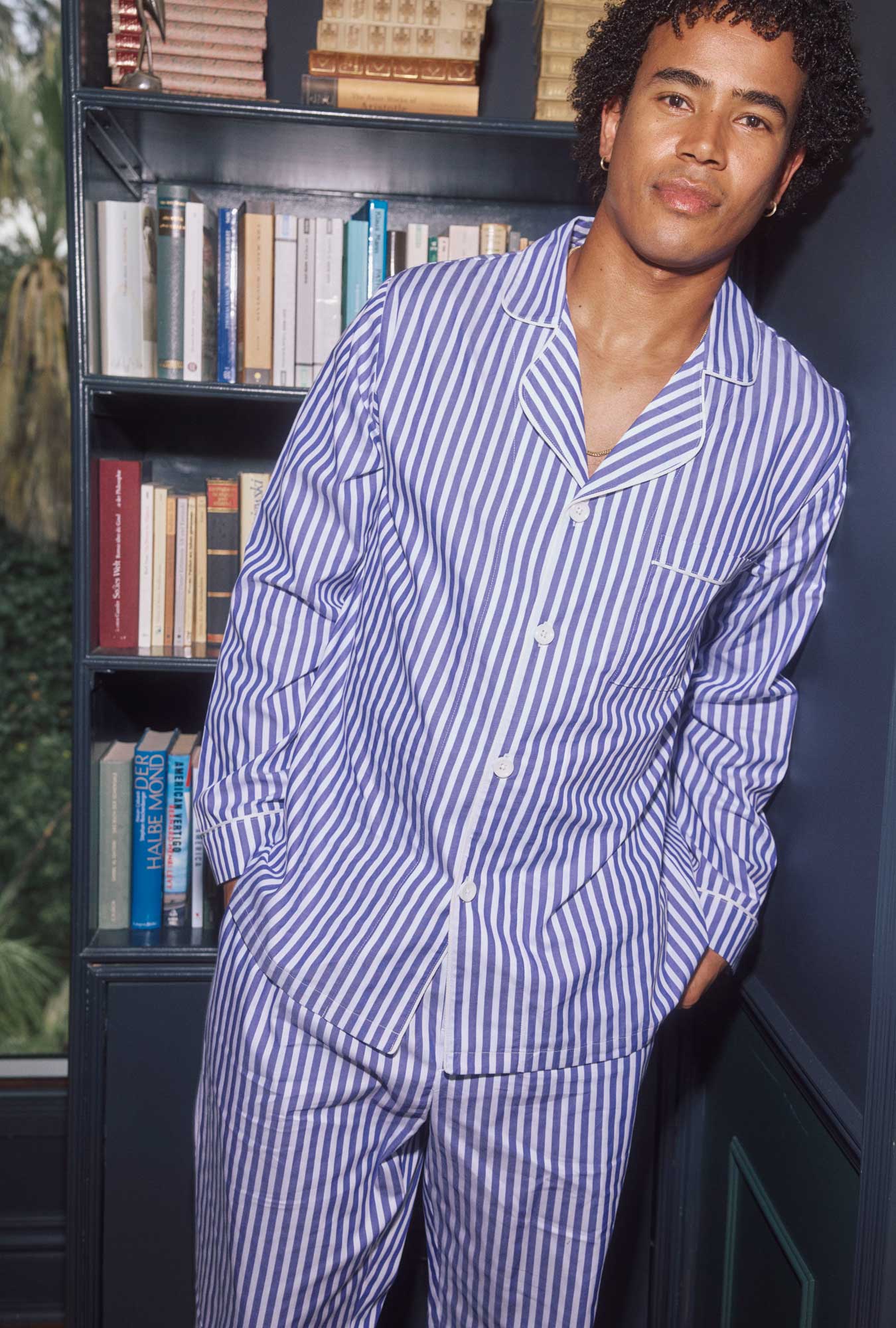 Navy 3D Stripe Men's Long Sleeve Notch Woven Cotton Sateen Long PJ Set