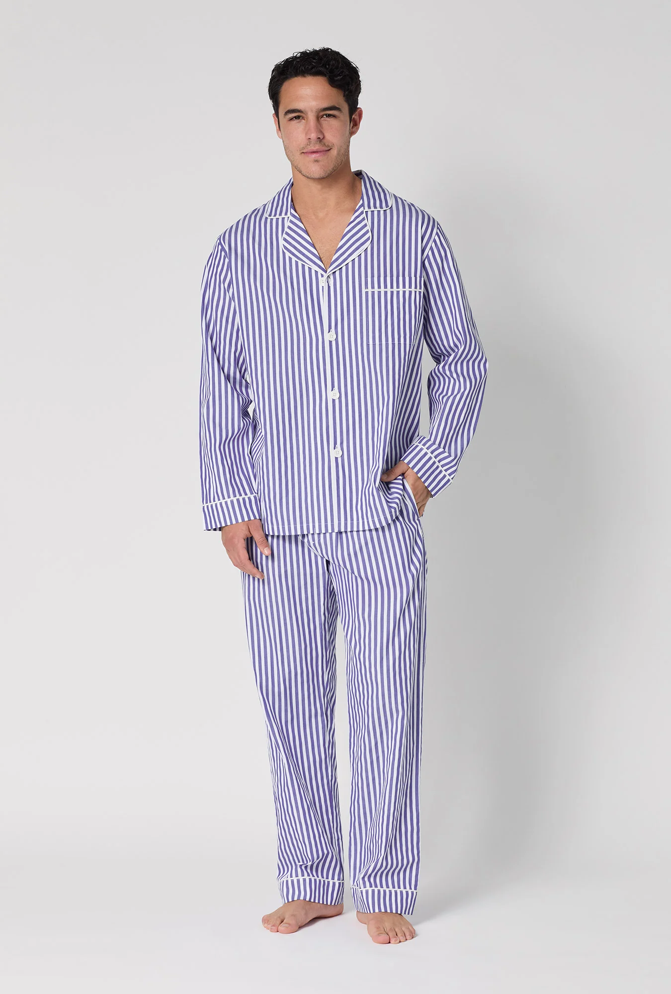 Navy 3D Stripe Men's Long Sleeve Notch Woven Cotton Sateen Long PJ Set - Image 2