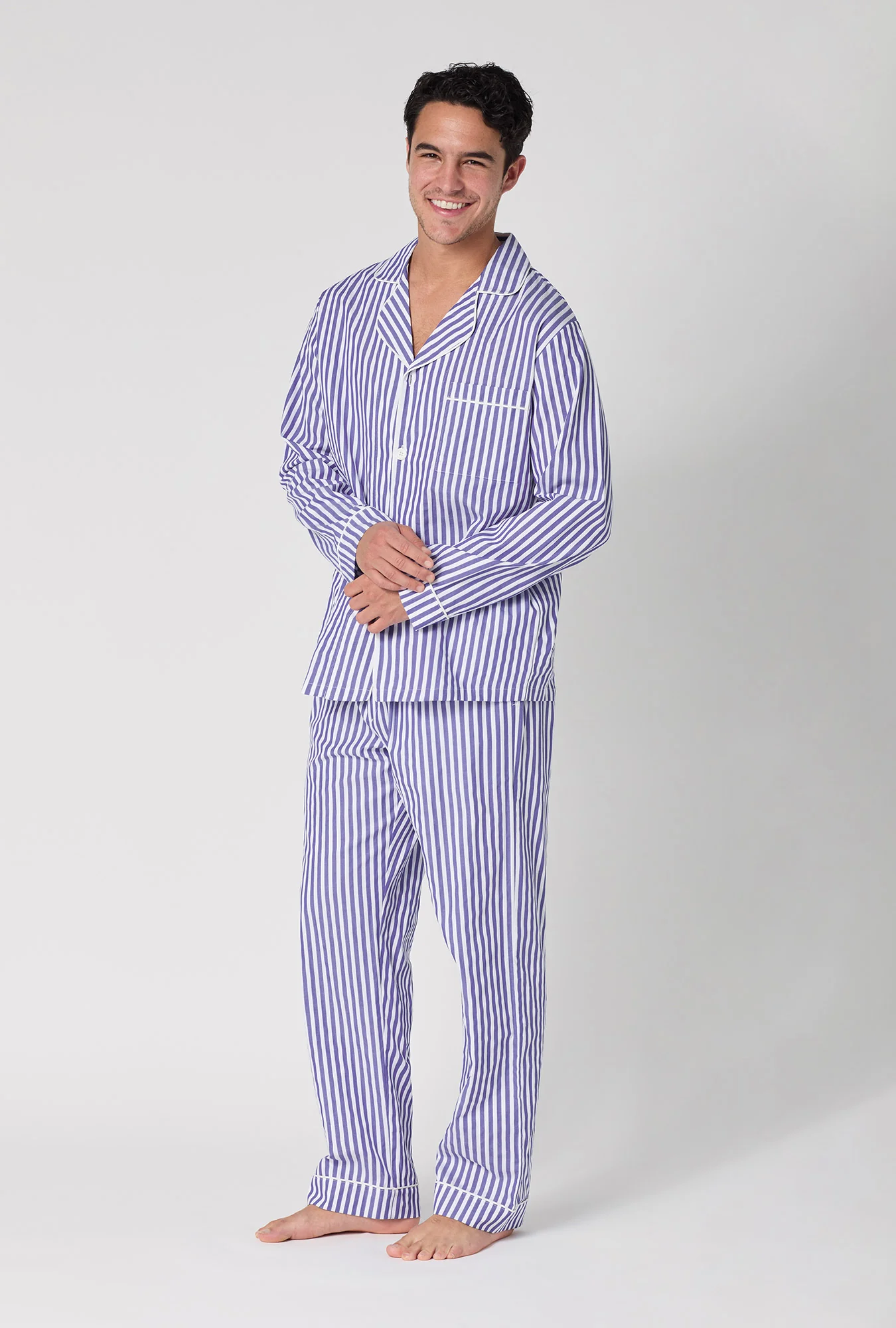 Navy 3D Stripe Men's Long Sleeve Notch Woven Cotton Sateen Long PJ Set - Image 3