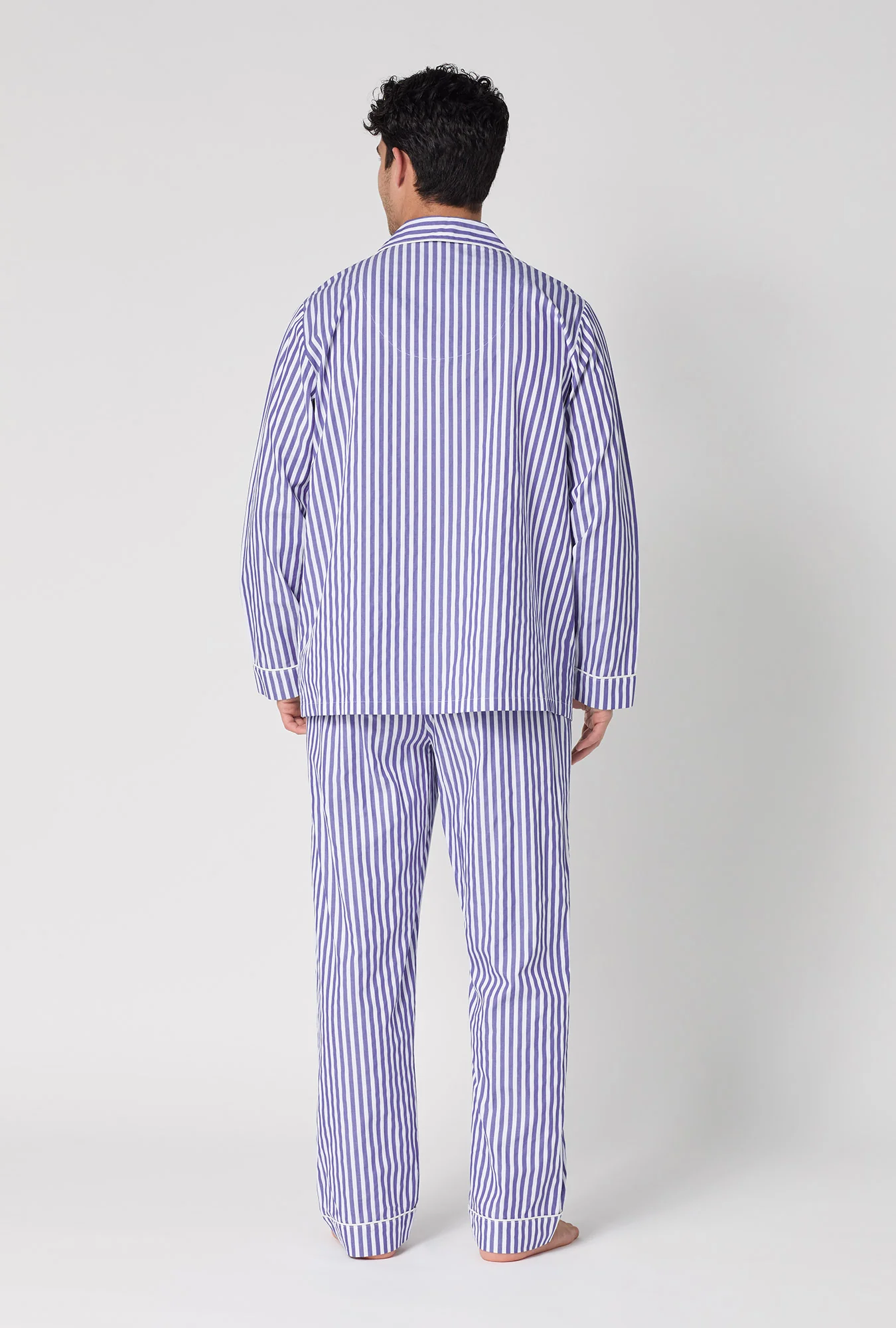 Navy 3D Stripe Men's Long Sleeve Notch Woven Cotton Sateen Long PJ Set - Image 4