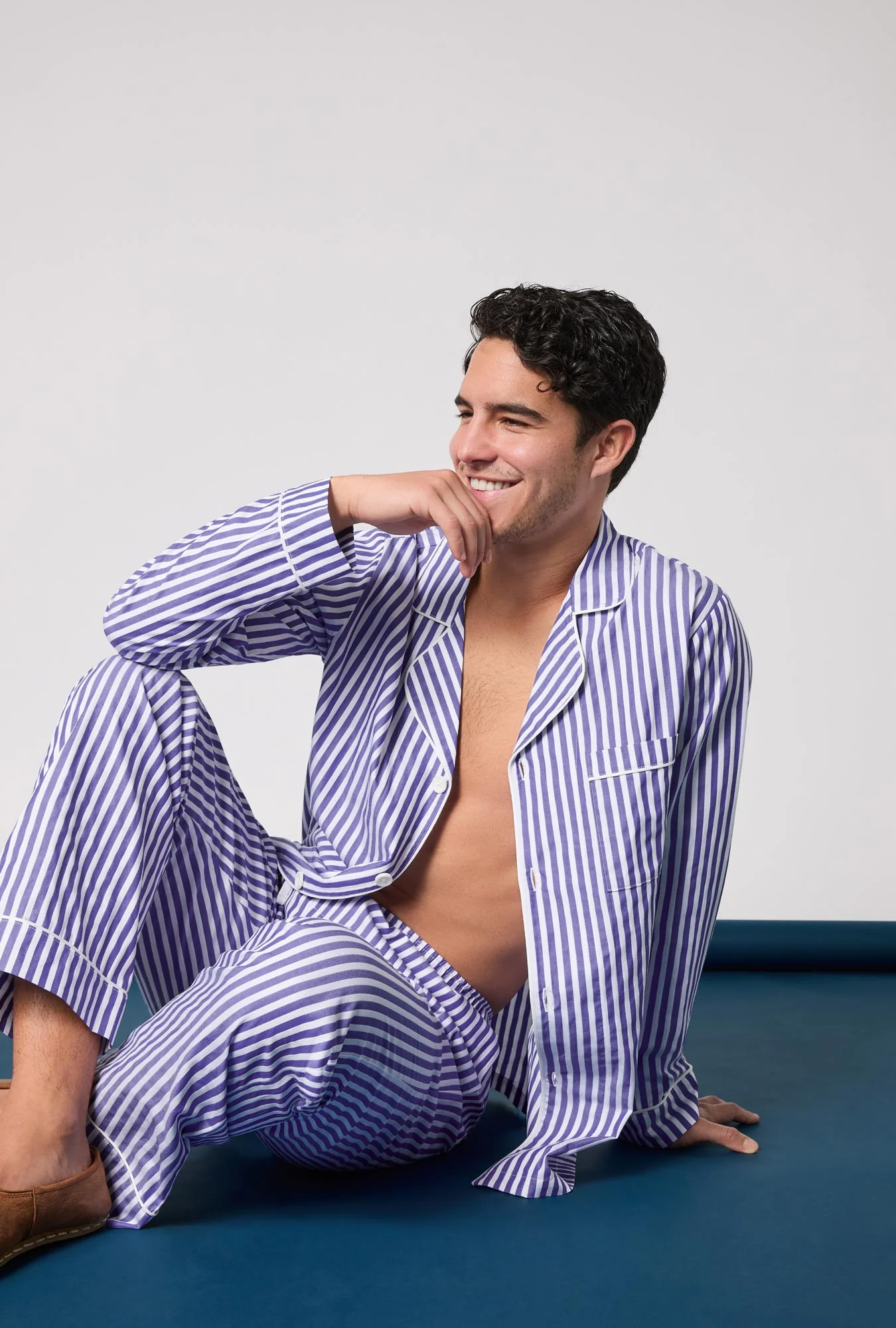 Navy 3D Stripe Men's Long Sleeve Notch Woven Cotton Sateen Long PJ Set - Image 5