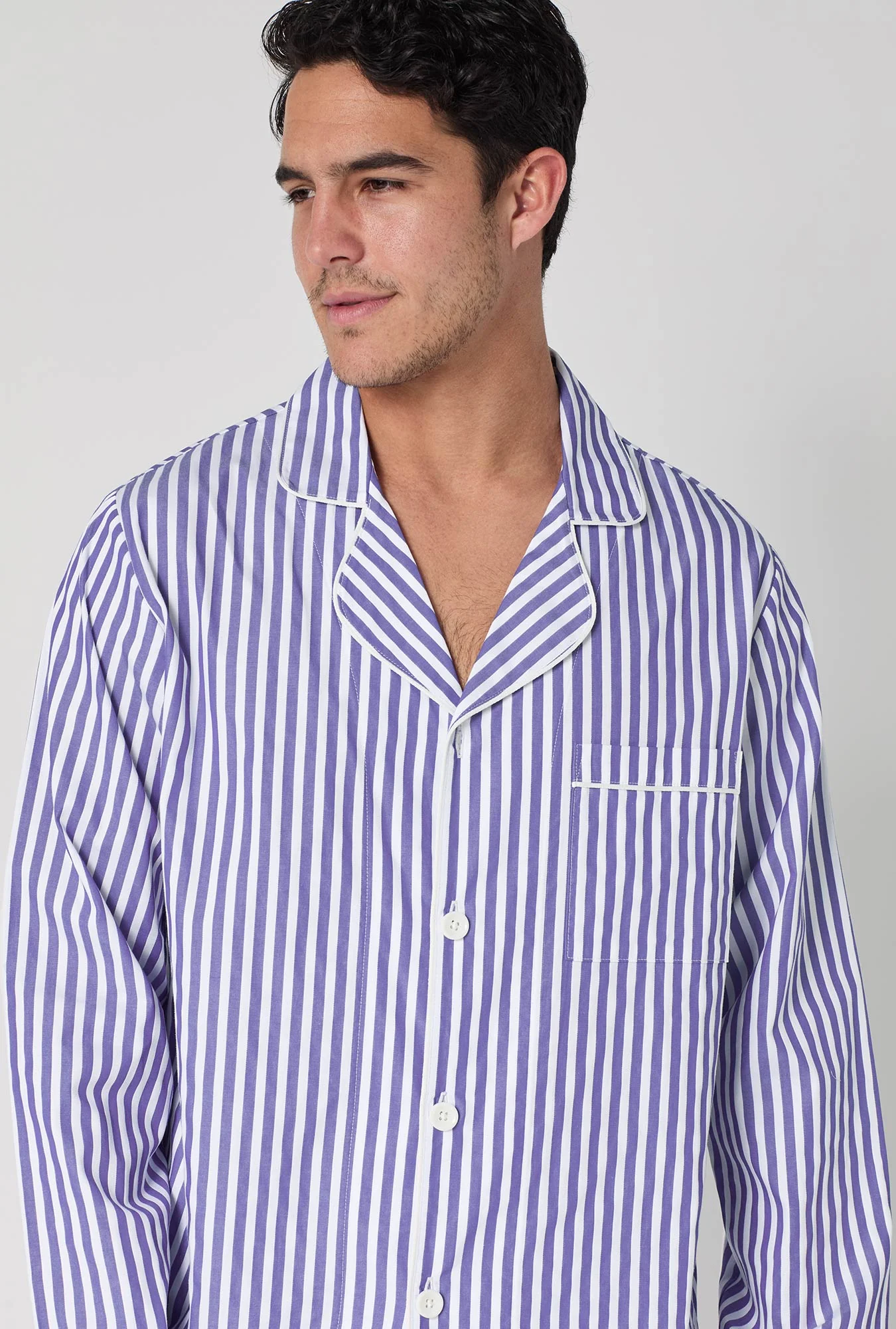 Navy 3D Stripe Men's Long Sleeve Notch Woven Cotton Sateen Long PJ Set - Image 6