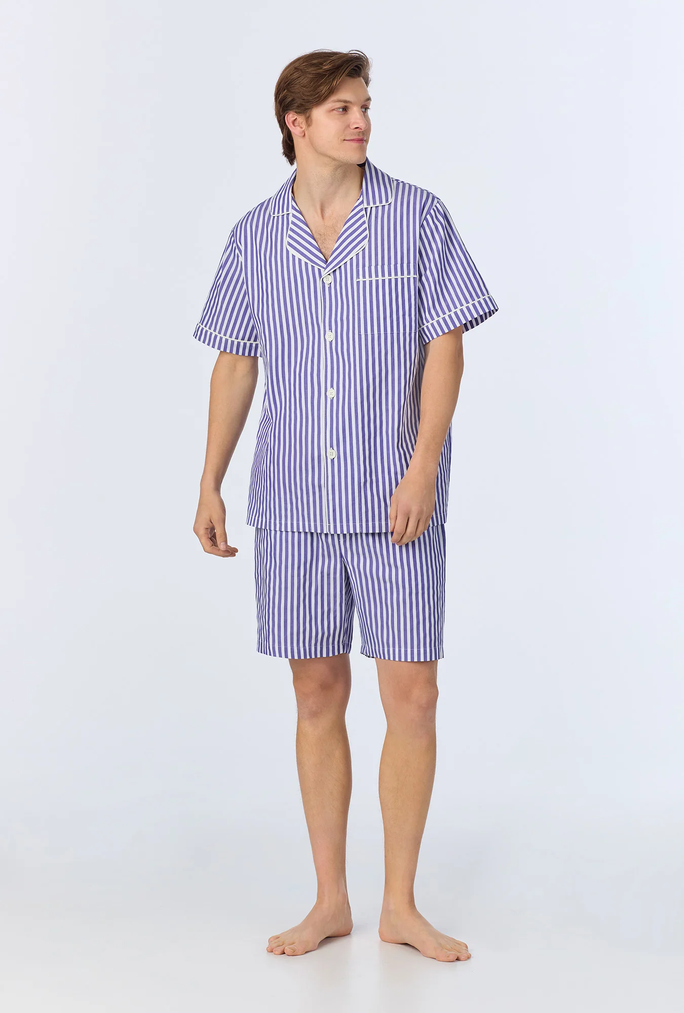 Navy 3D Stripe Men's Short Sleeve Notch Woven Cotton Sateen Boxer PJ Set - Image 2