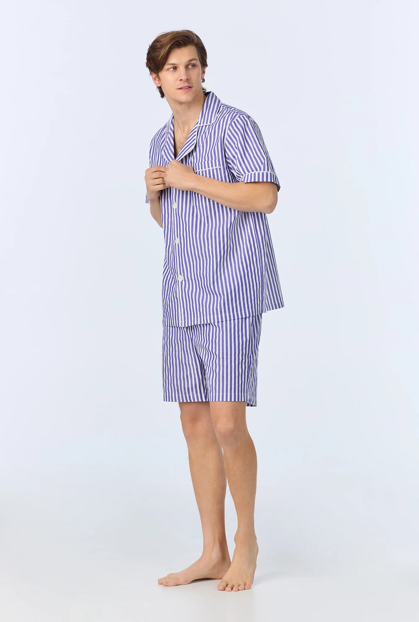 Navy 3D Stripe Men's Short Sleeve Notch Woven Cotton Sateen Boxer PJ Set - Image 3