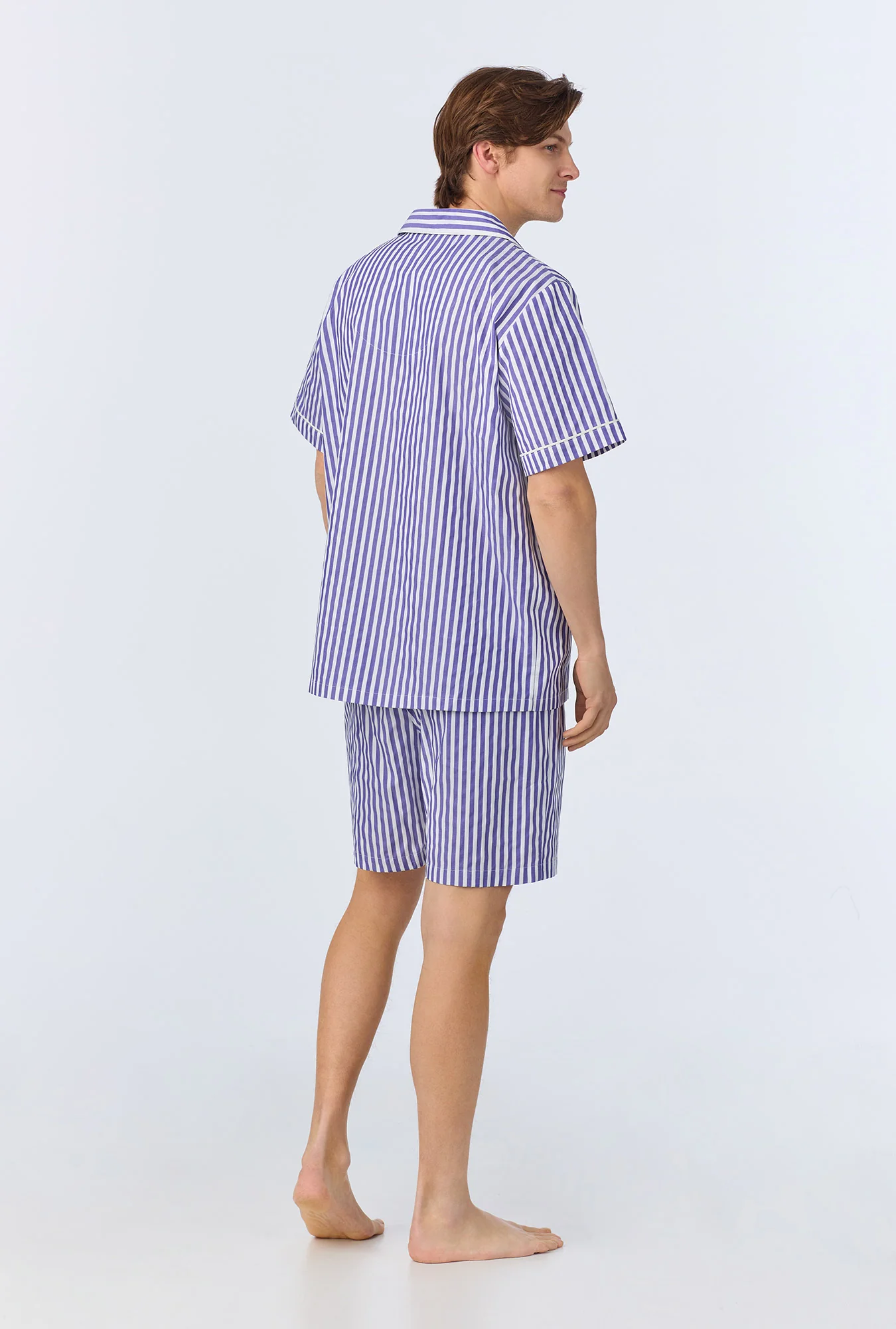 Navy 3D Stripe Men's Short Sleeve Notch Woven Cotton Sateen Boxer PJ Set - Image 4