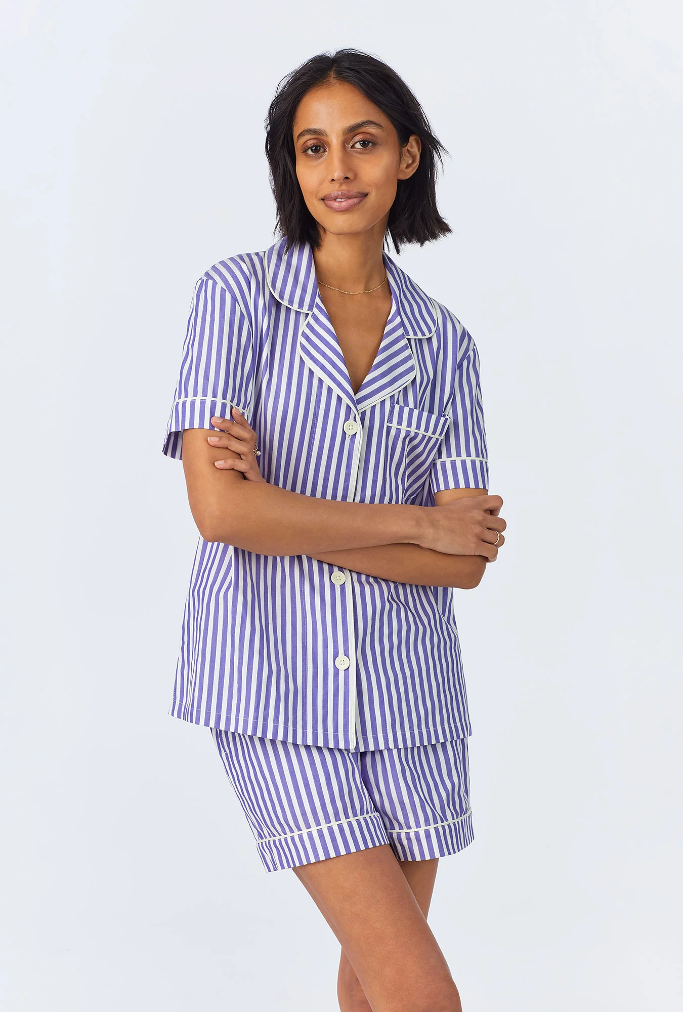 Navy 3D Stripe Short Sleeve Classic Woven Cotton Sateen Shorty PJ Set
