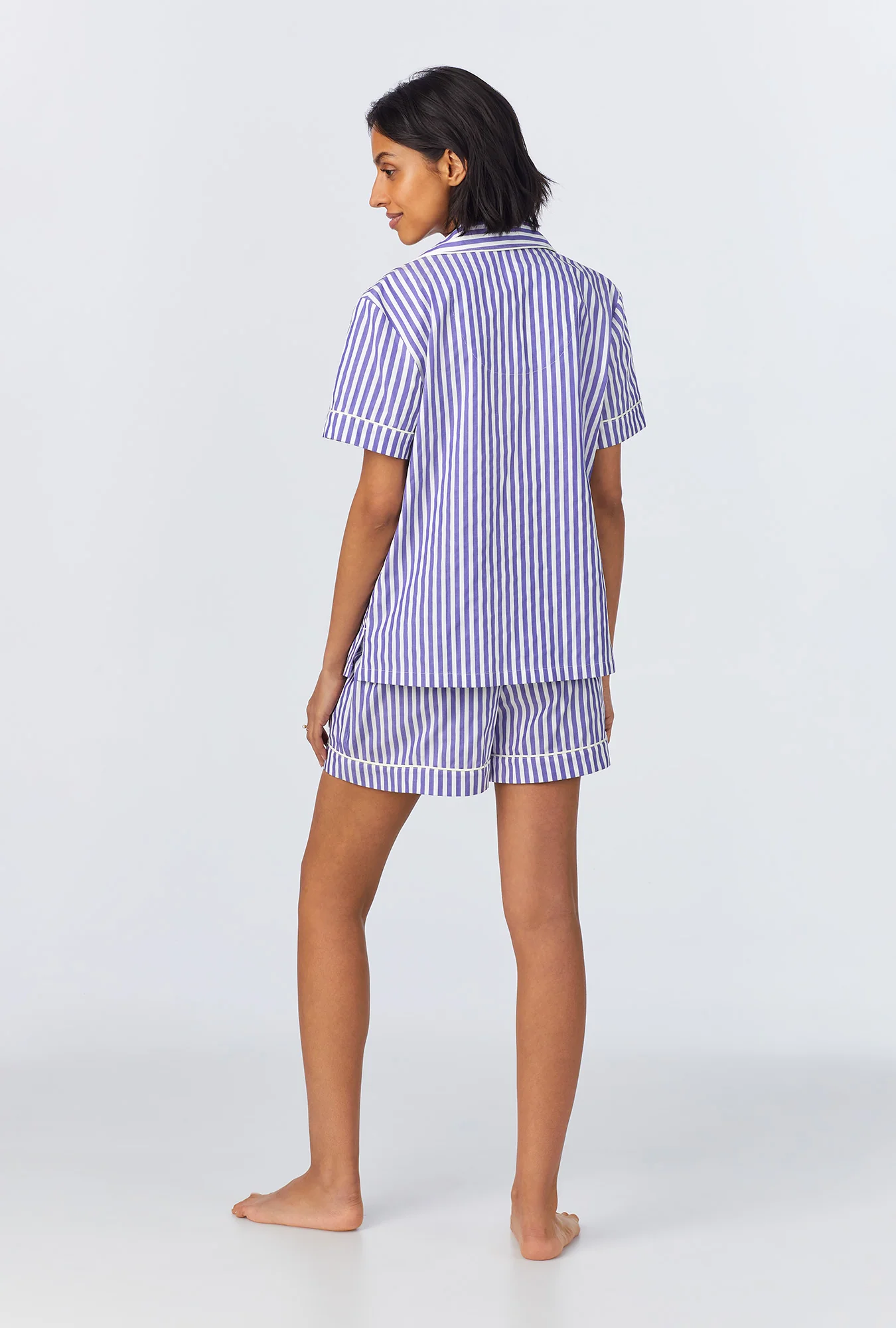 Navy 3D Stripe Short Sleeve Classic Woven Cotton Sateen Shorty PJ Set - Image 3