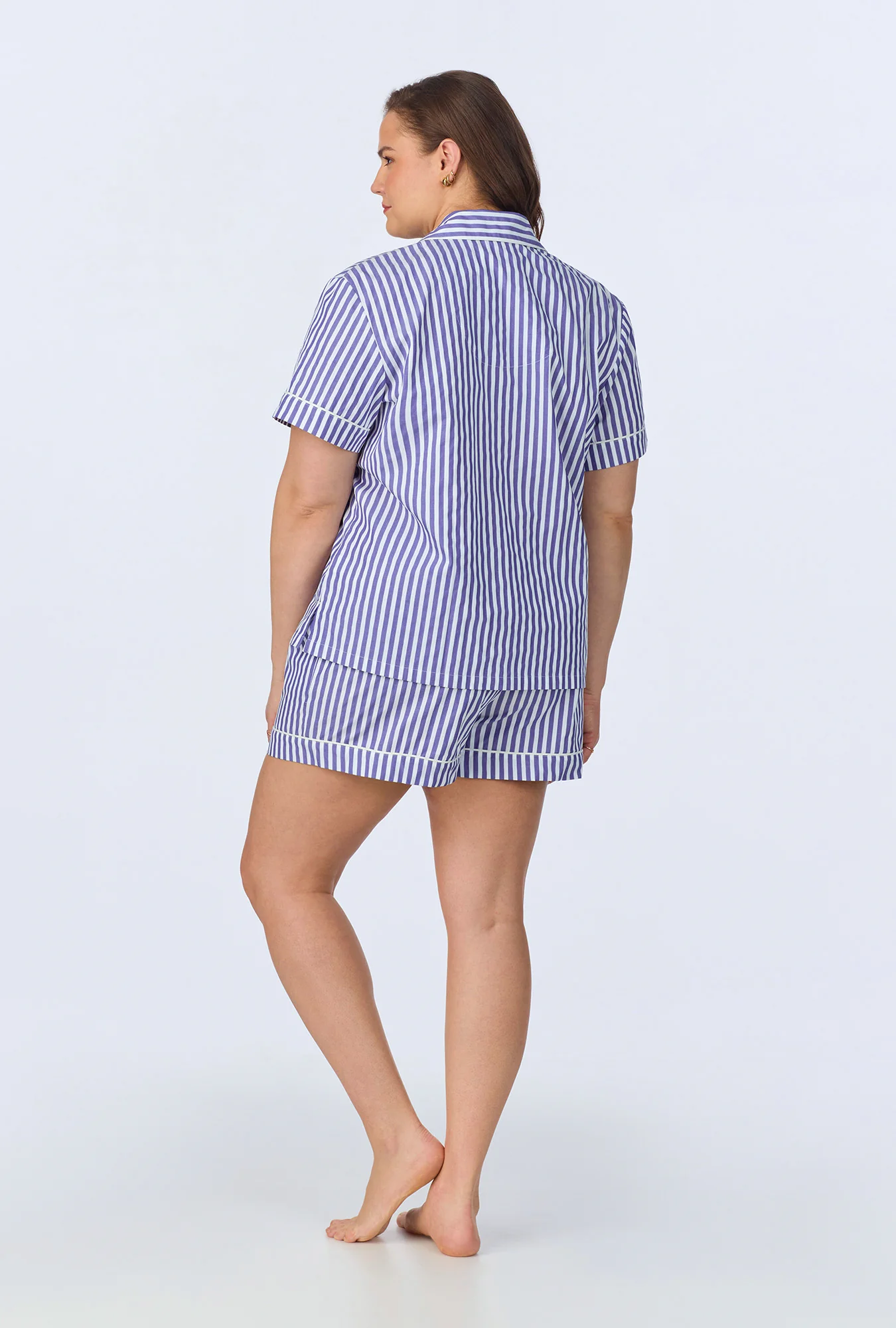 Navy 3D Stripe Short Sleeve Classic Woven Cotton Sateen Shorty PJ Set - Image 5